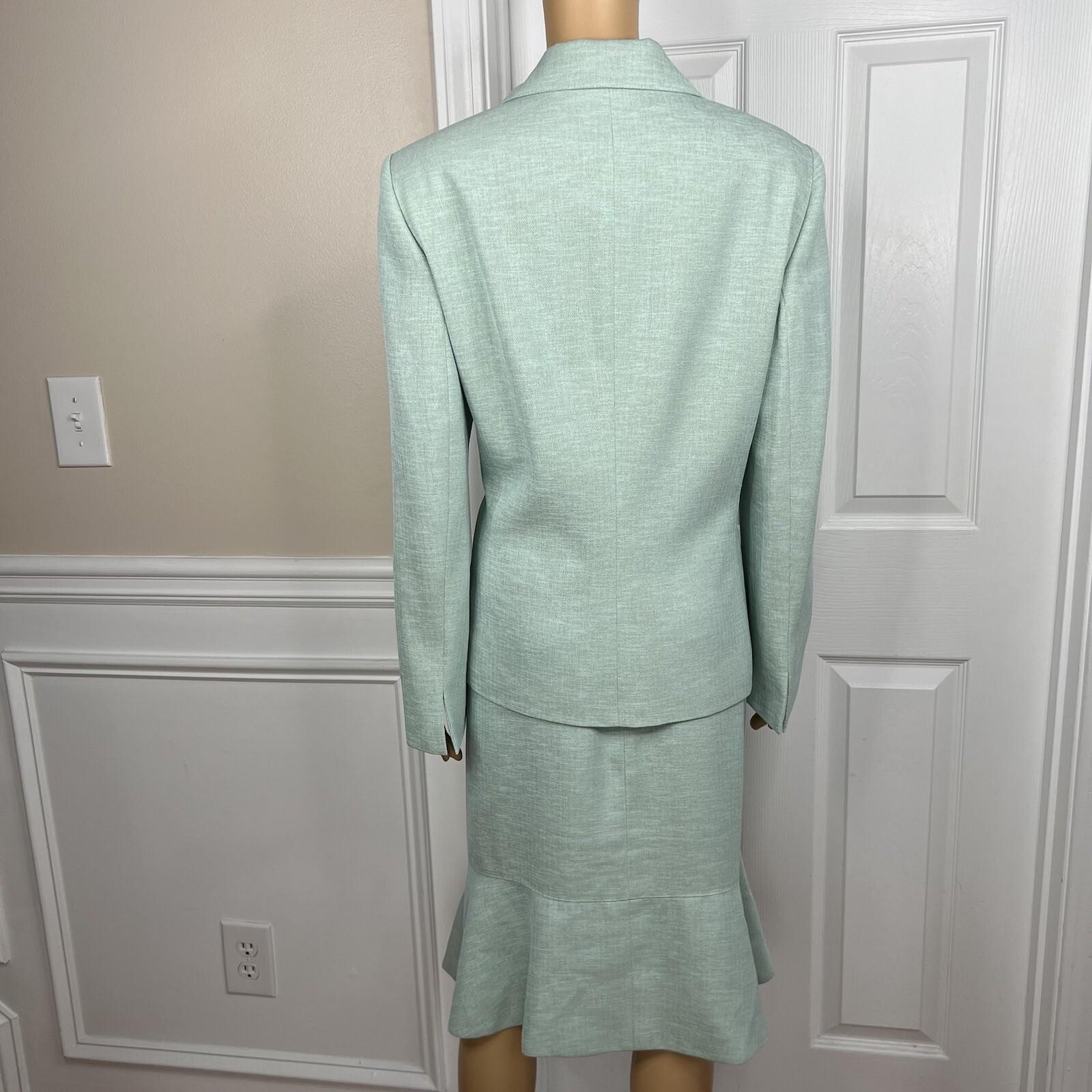 EVAN PICONE Polyester Skirt Suit Size 16 Fern Green Beige Lined Ruffle 2PC