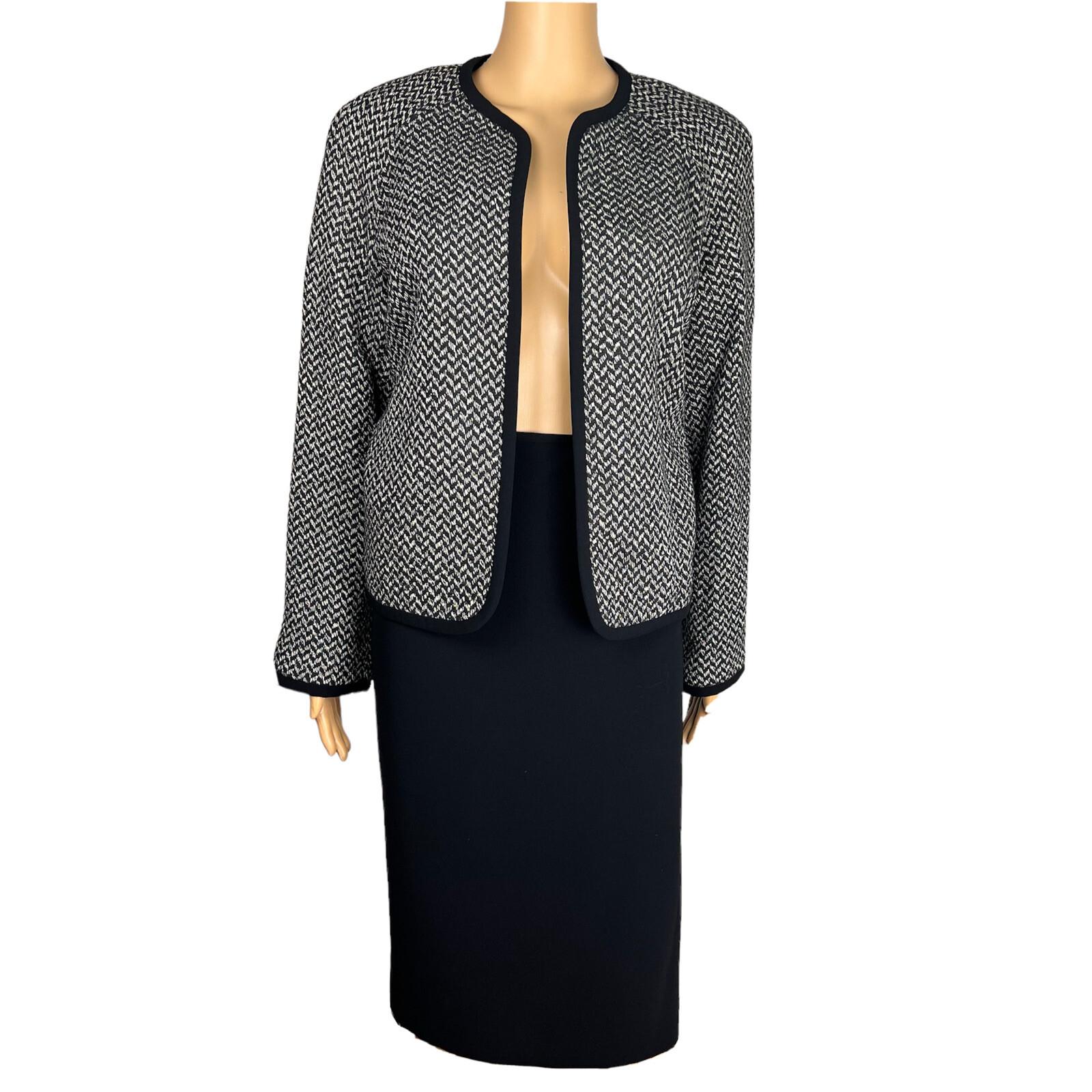 New KASPER 2PC Black White Silk Cotton Polyester Open Front Skirt Suit Size 10