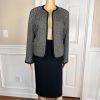 New KASPER 2PC Black White Silk Cotton Polyester Open Front Skirt Suit Size 10