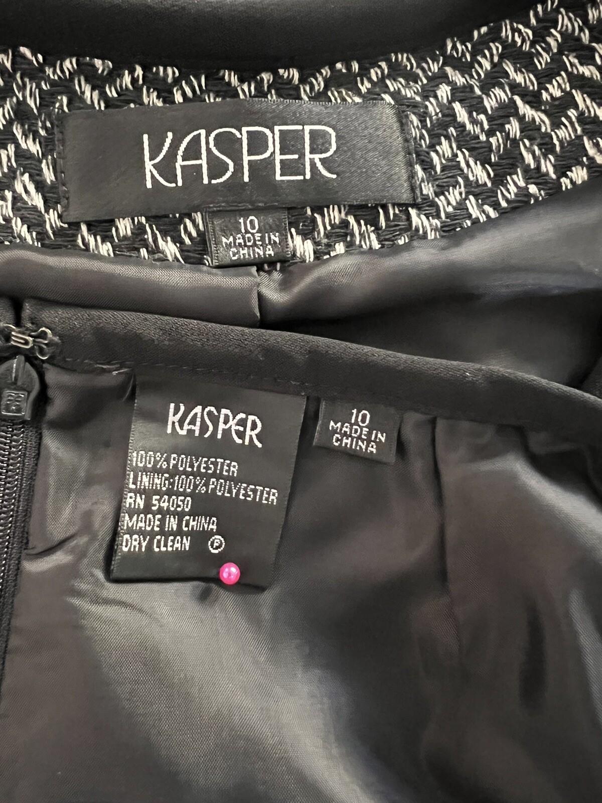 New KASPER 2PC Black White Silk Cotton Polyester Open Front Skirt Suit Size 10