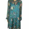 Maeve Anthropologie Viscose Dress Size S Teal Floral High Ruffle Neck Flared