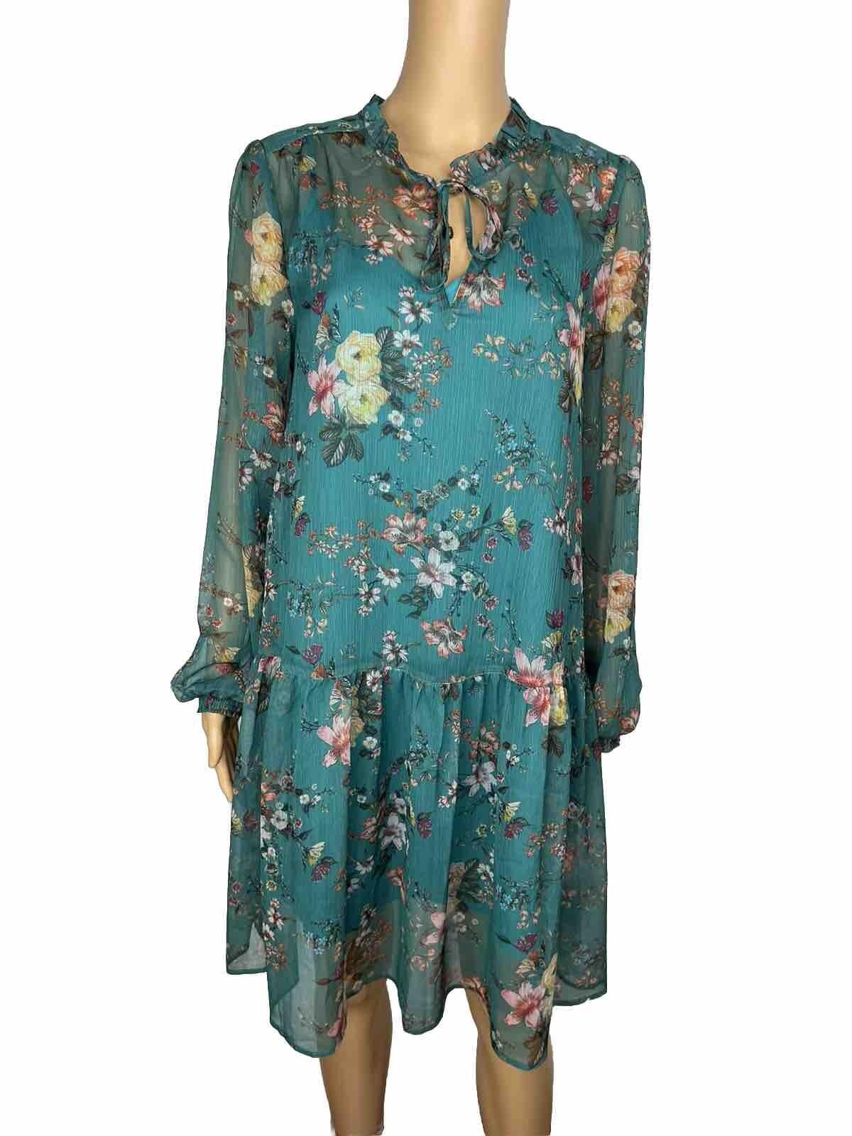 Maeve Anthropologie Viscose Dress Size S Teal Floral High Ruffle Neck Flared
