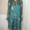 Maeve Anthropologie Viscose Dress Size S Teal Floral High Ruffle Neck Flared