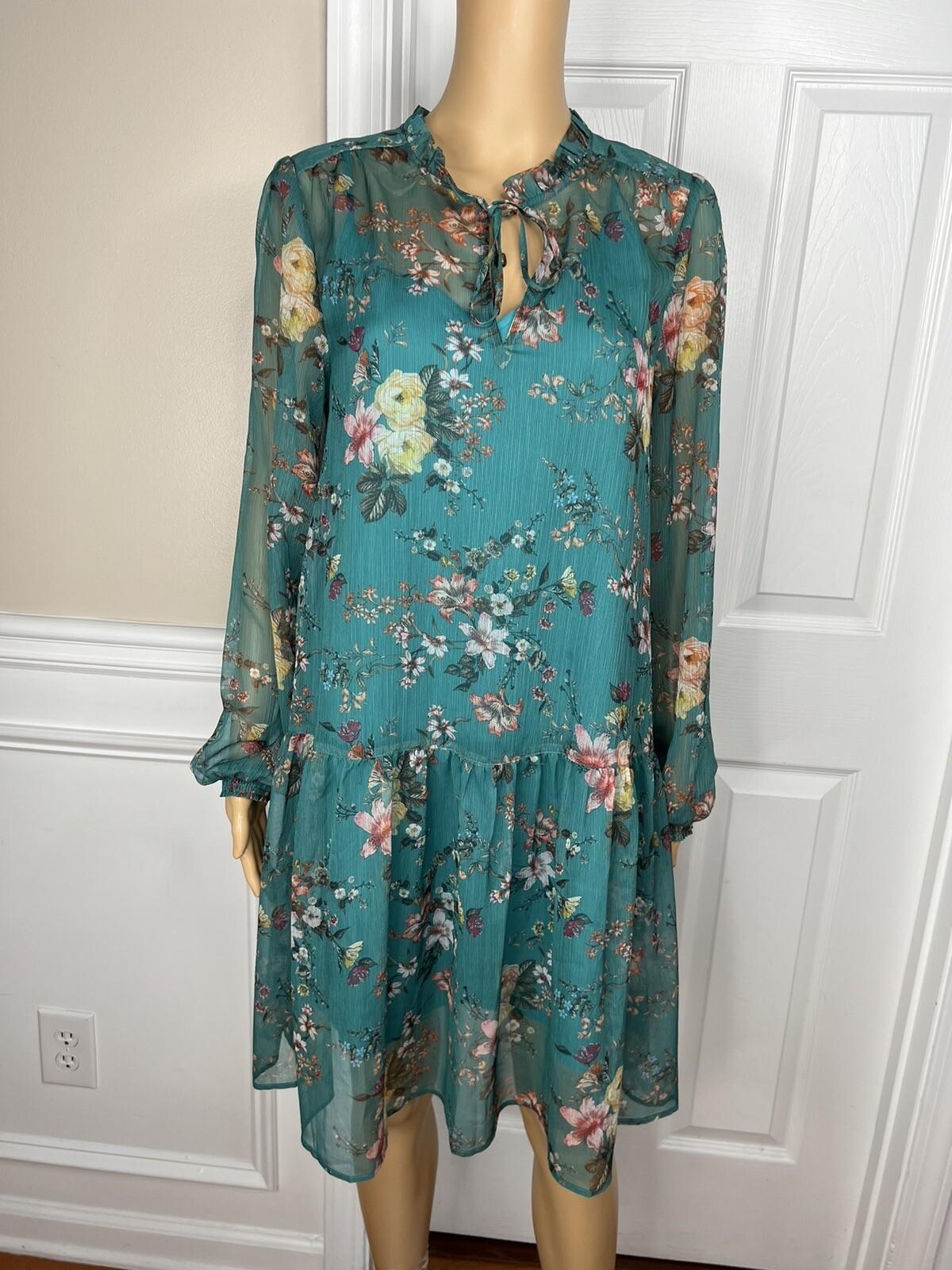 Maeve Anthropologie Viscose Dress Size S Teal Floral High Ruffle Neck Flared