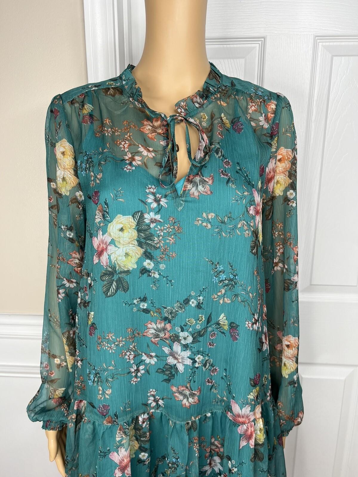 Maeve Anthropologie Viscose Dress Size S Teal Floral High Ruffle Neck Flared