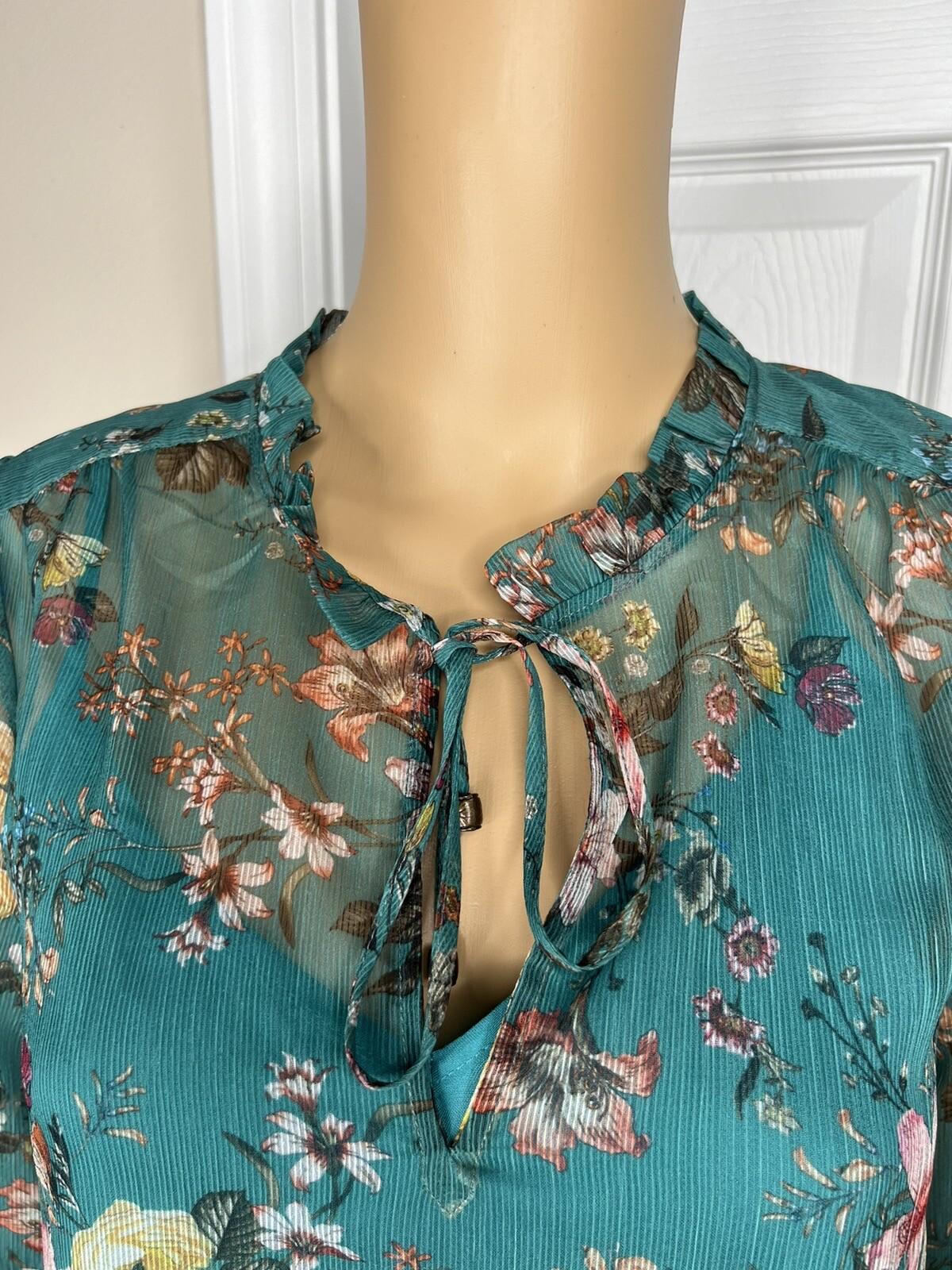Maeve Anthropologie Viscose Dress Size S Teal Floral High Ruffle Neck Flared