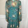 Maeve Anthropologie Viscose Dress Size S Teal Floral High Ruffle Neck Flared