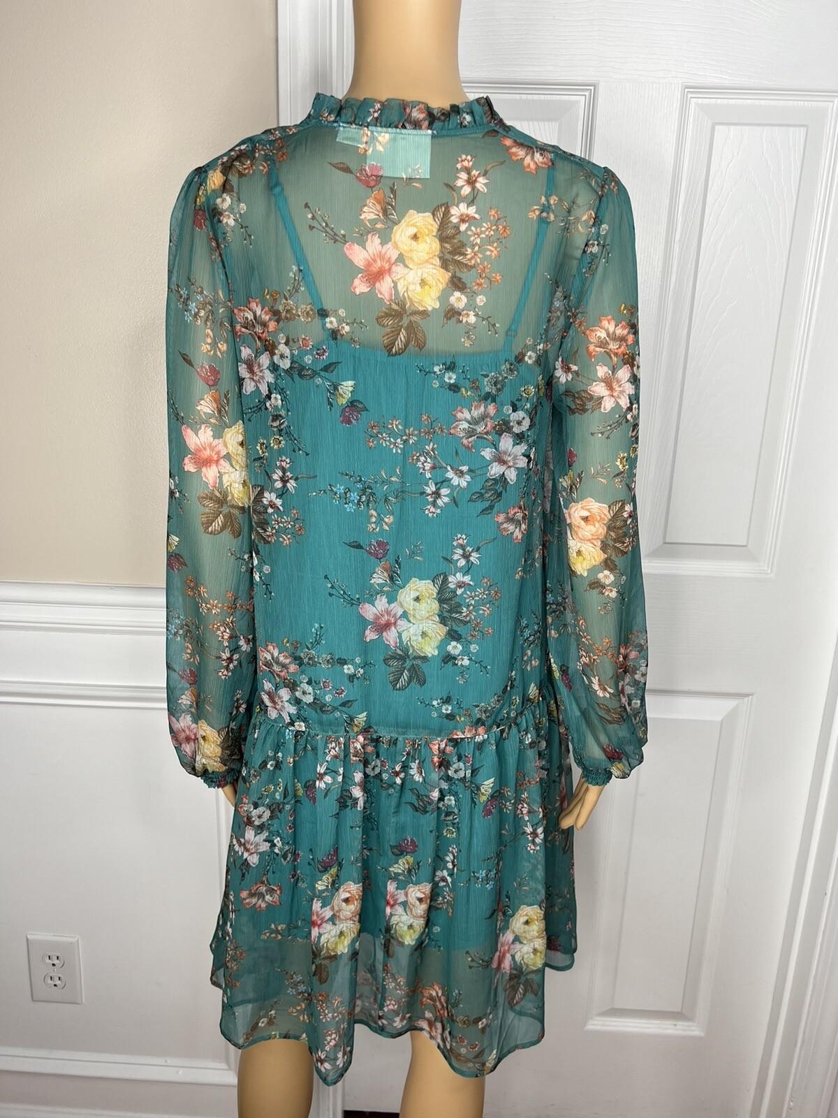 Maeve Anthropologie Viscose Dress Size S Teal Floral High Ruffle Neck Flared