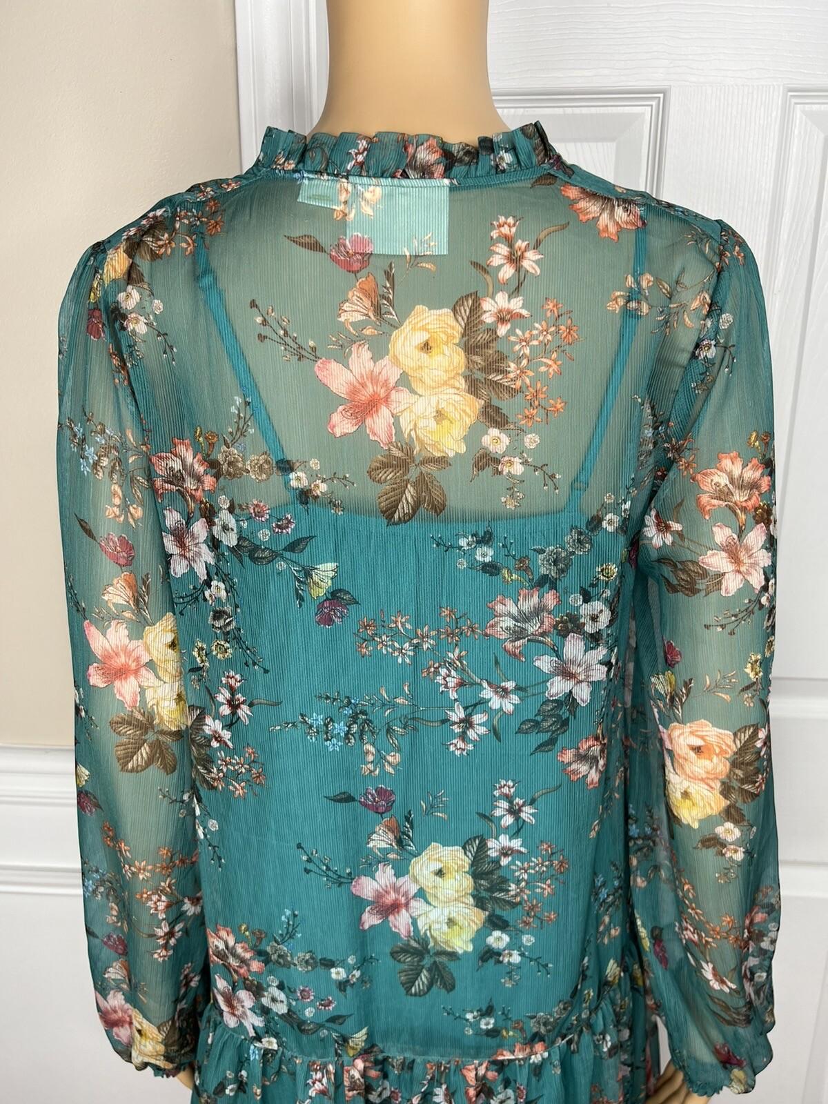 Maeve Anthropologie Viscose Dress Size S Teal Floral High Ruffle Neck Flared