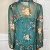 Maeve Anthropologie Viscose Dress Size S Teal Floral High Ruffle Neck Flared