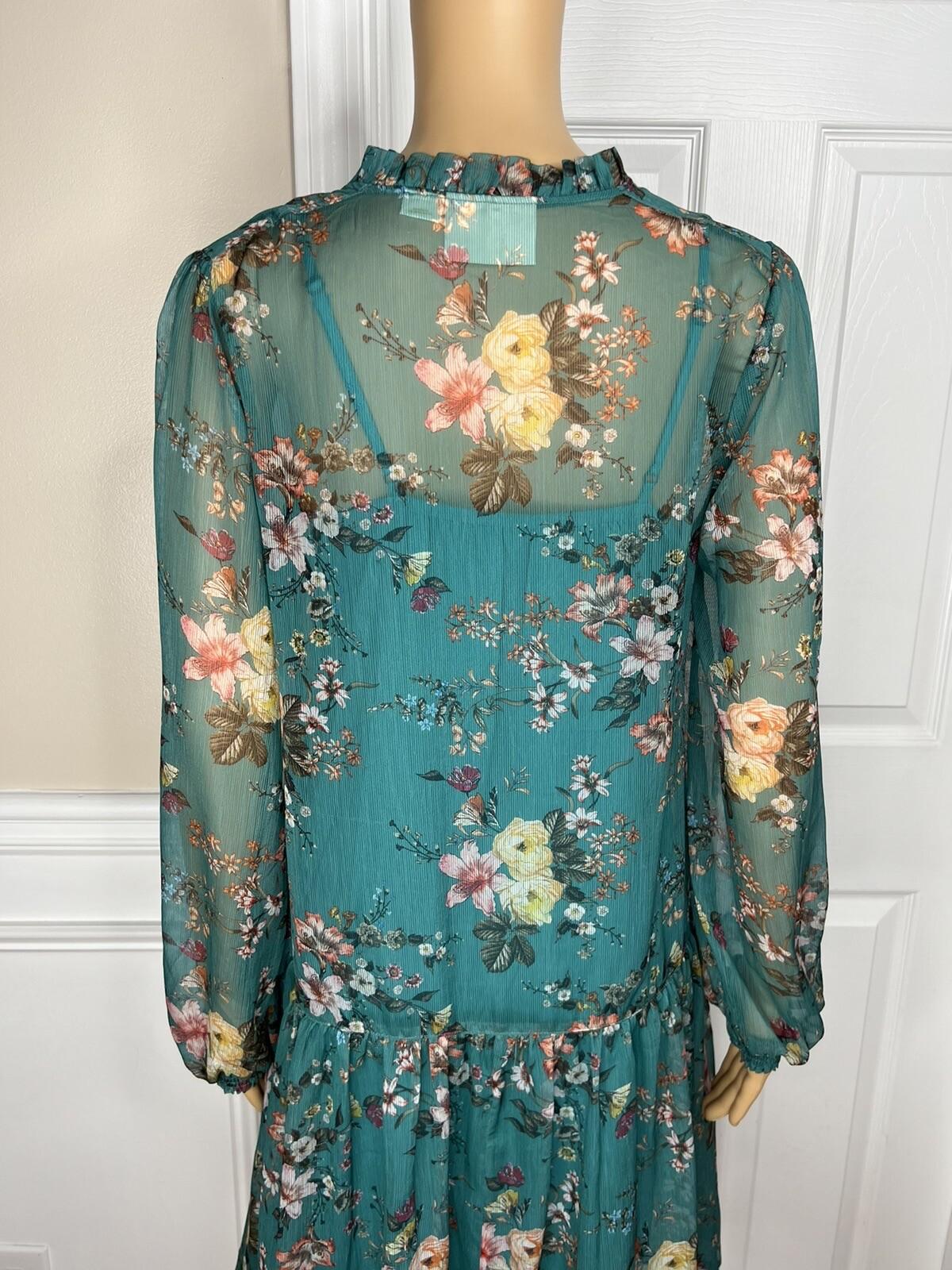 Maeve Anthropologie Viscose Dress Size S Teal Floral High Ruffle Neck Flared