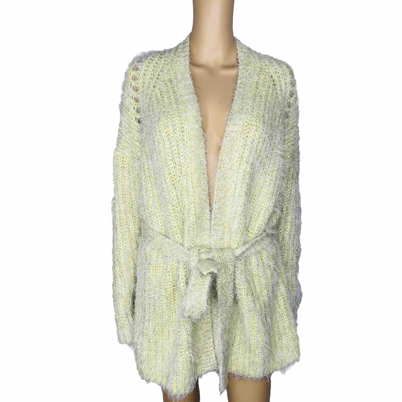 Anthropologie Women larkin Shimmer Knit Belted Cardigan M Yellow Fuzzy Cozzy