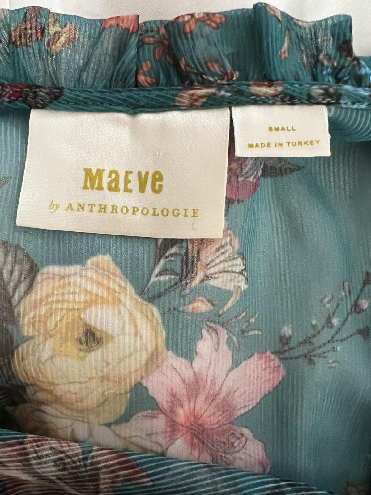 Maeve Anthropologie Viscose Dress Size S Teal Floral High Ruffle Neck Flared