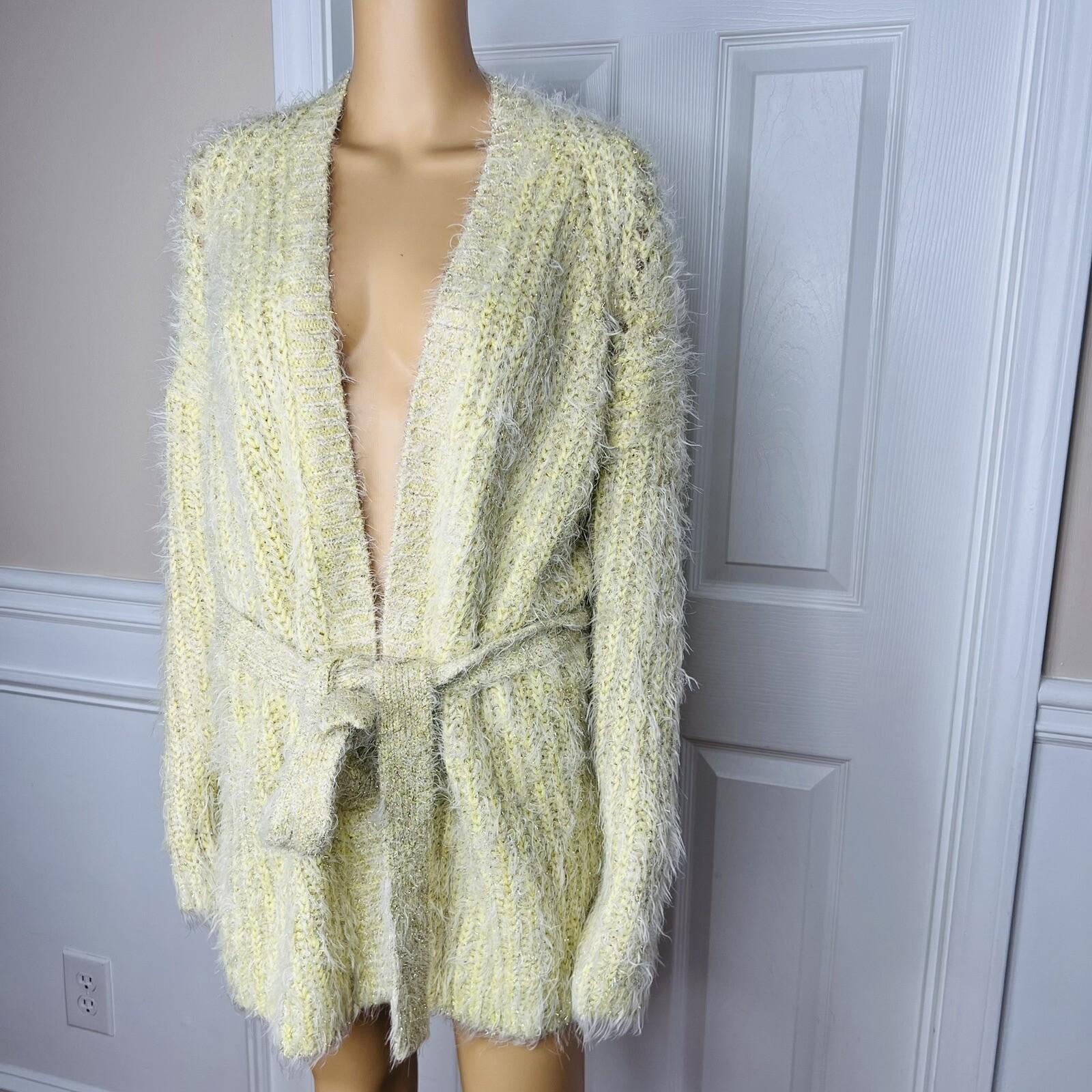 Anthropologie Women larkin Shimmer Knit Belted Cardigan M Yellow Fuzzy Cozzy