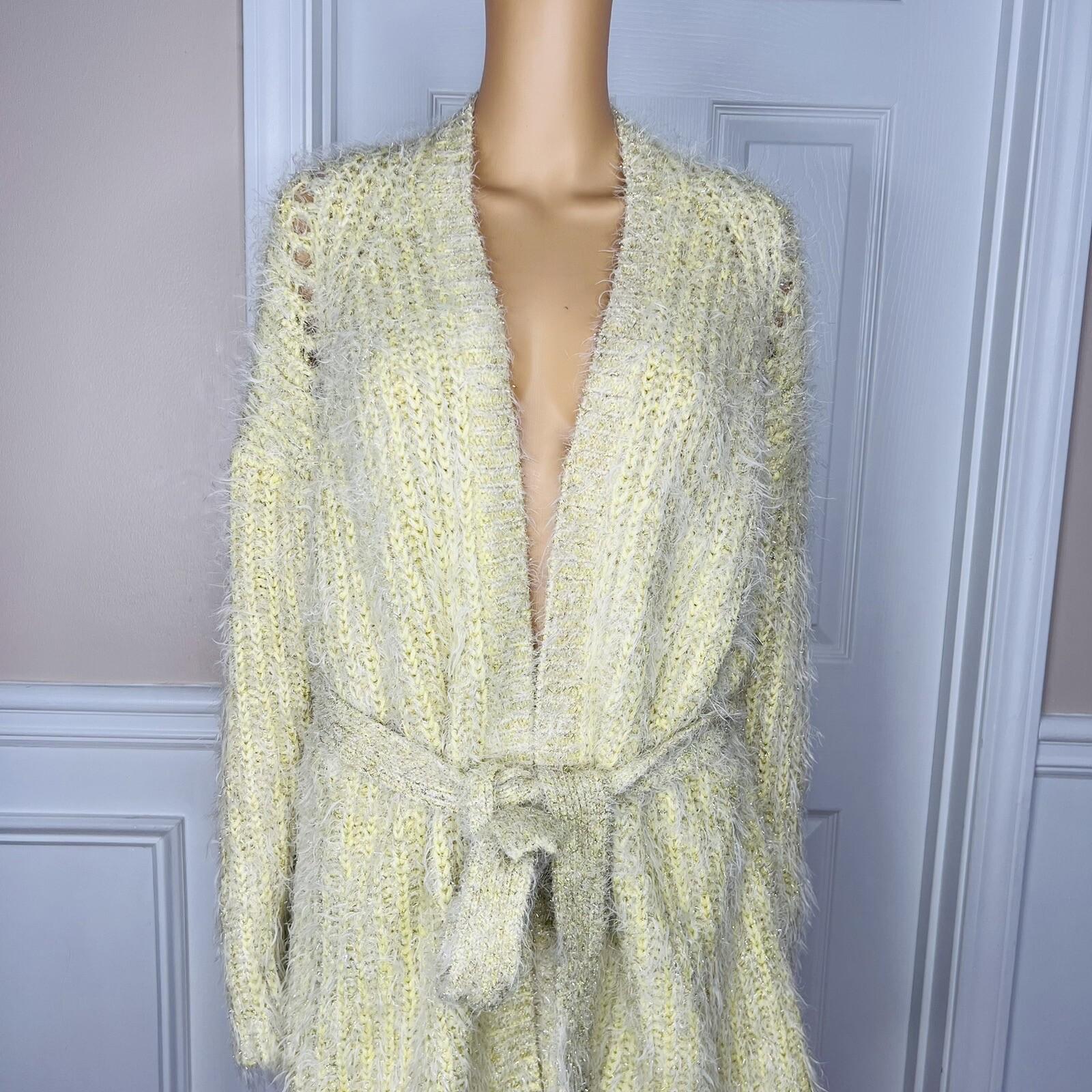 Anthropologie Women larkin Shimmer Knit Belted Cardigan M Yellow Fuzzy Cozzy