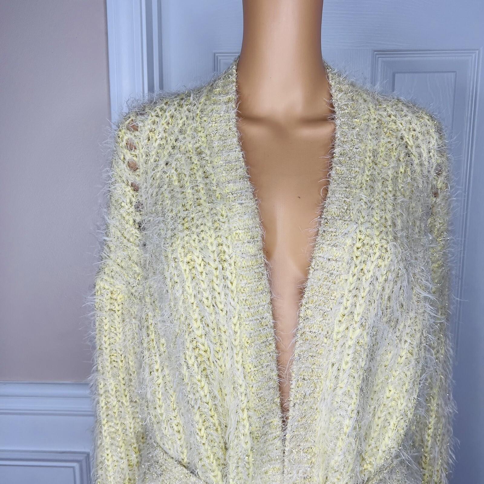Anthropologie Women larkin Shimmer Knit Belted Cardigan M Yellow Fuzzy Cozzy