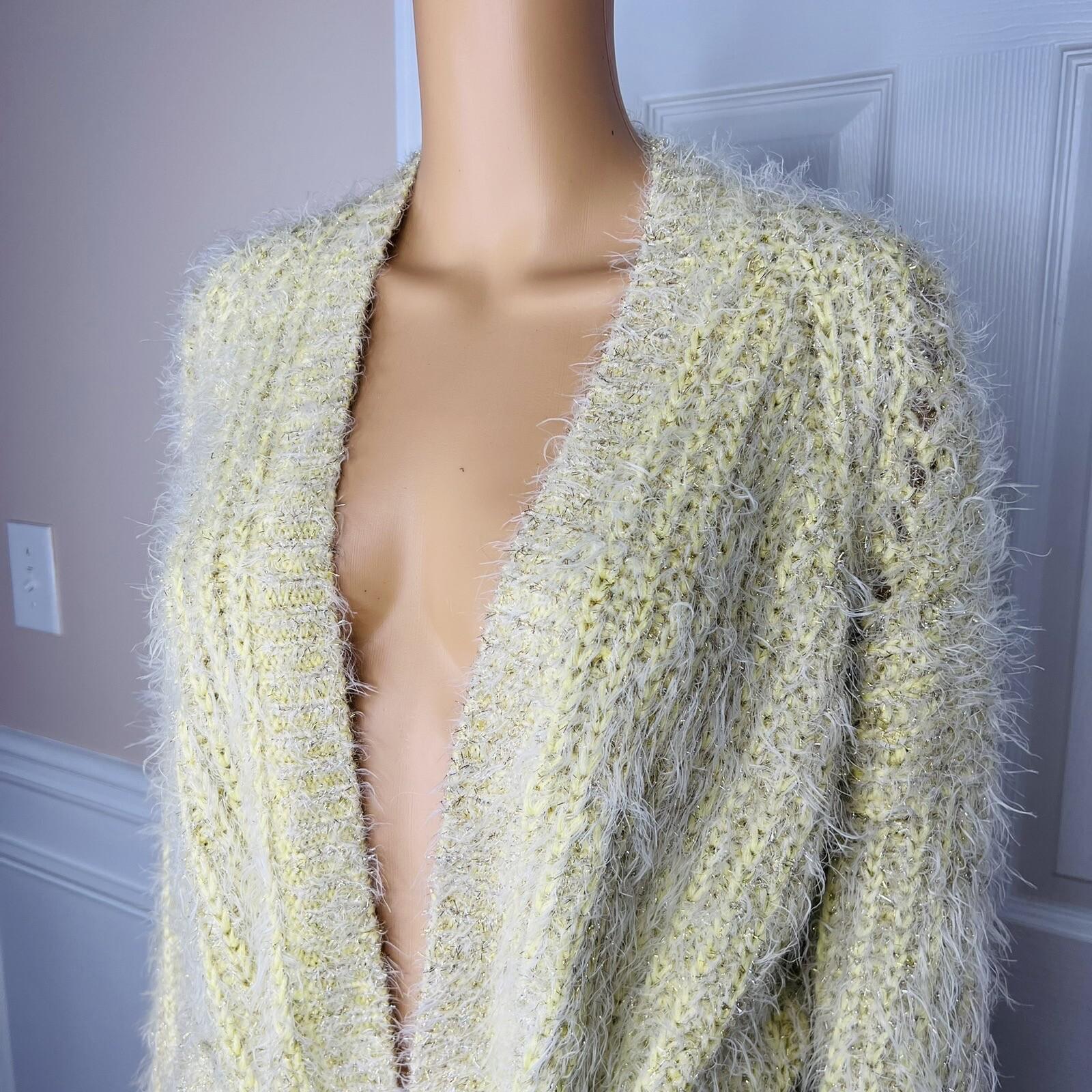 Anthropologie Women larkin Shimmer Knit Belted Cardigan M Yellow Fuzzy Cozzy