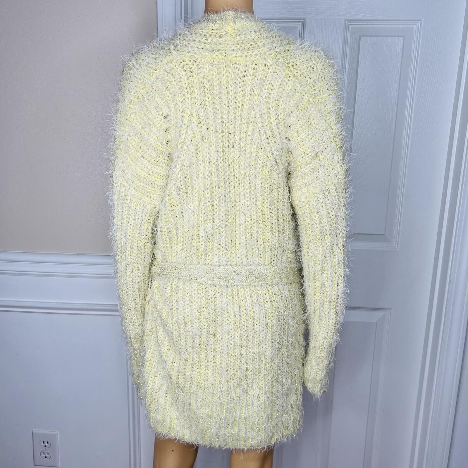 Anthropologie Women larkin Shimmer Knit Belted Cardigan M Yellow Fuzzy Cozzy