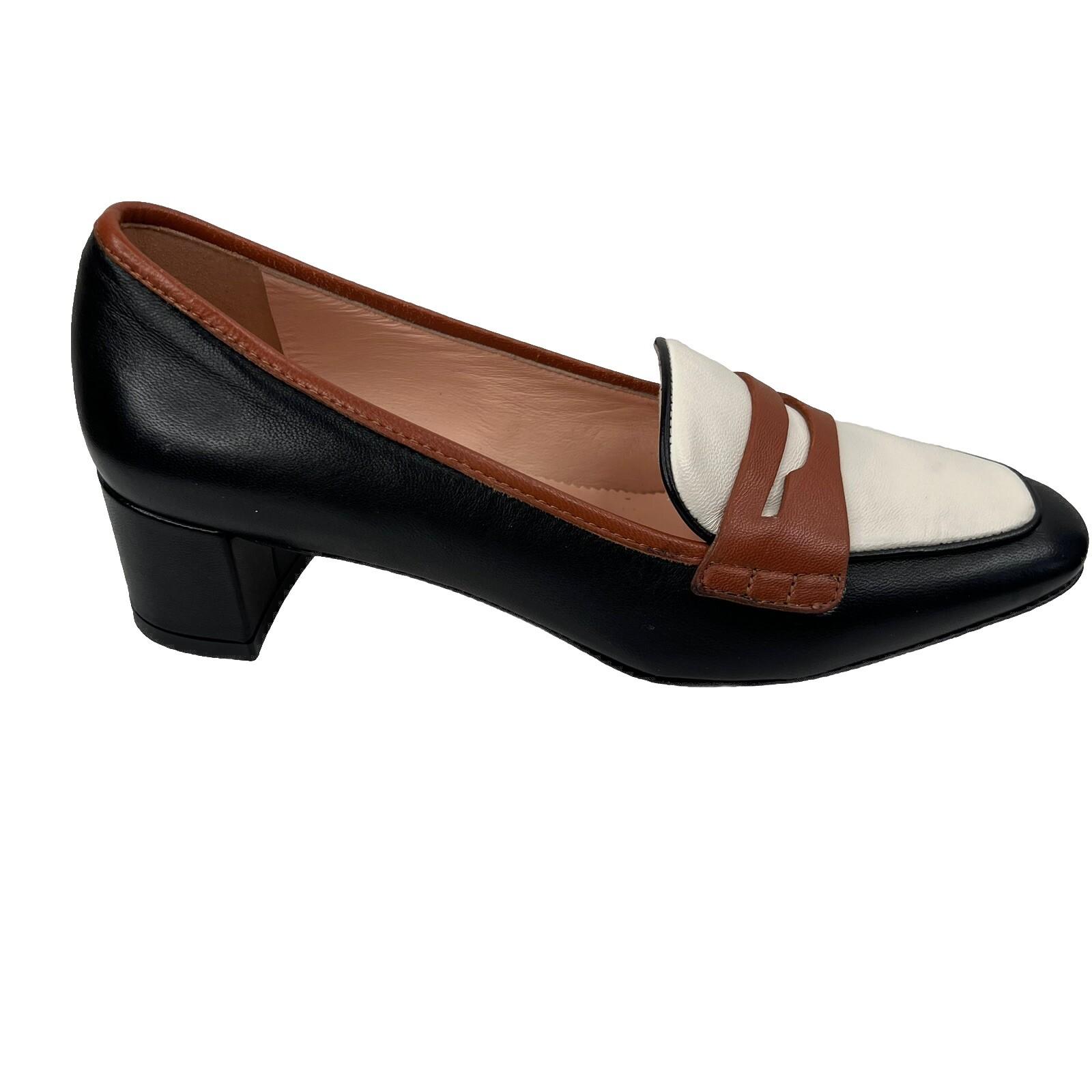J Crew Kate Women Leather Black White Tan Trim Size 6 Loafer Pumps Block Heels