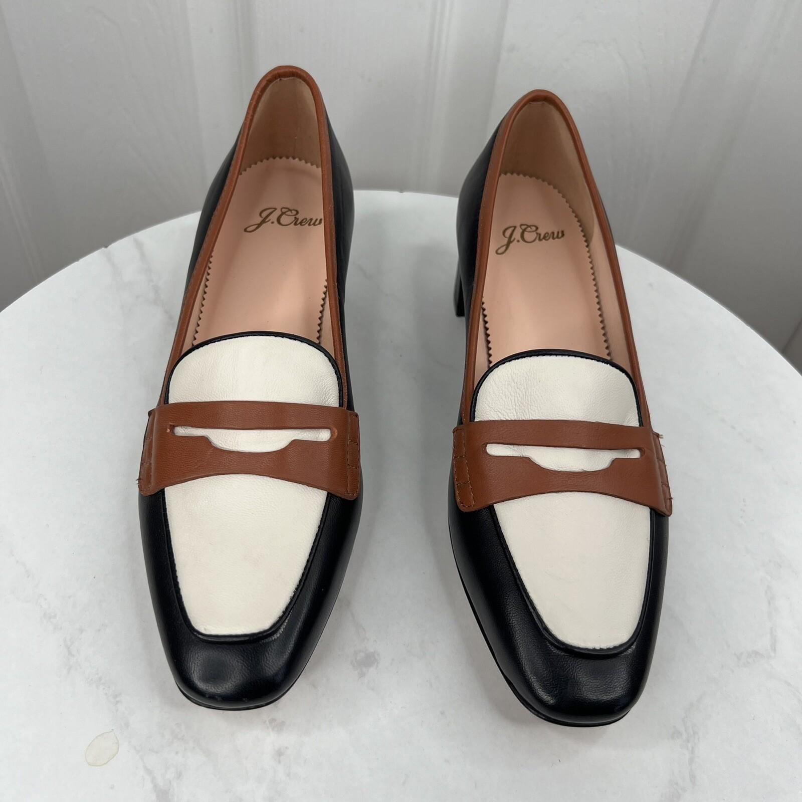 J Crew Kate Women Leather Black White Tan Trim Size 6 Loafer Pumps Block Heels