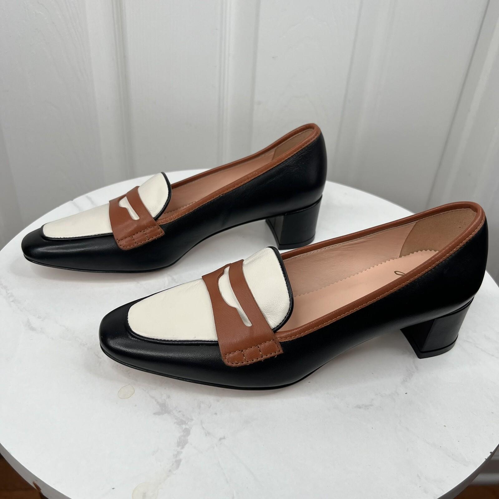 J Crew Kate Women Leather Black White Tan Trim Size 6 Loafer Pumps Block Heels