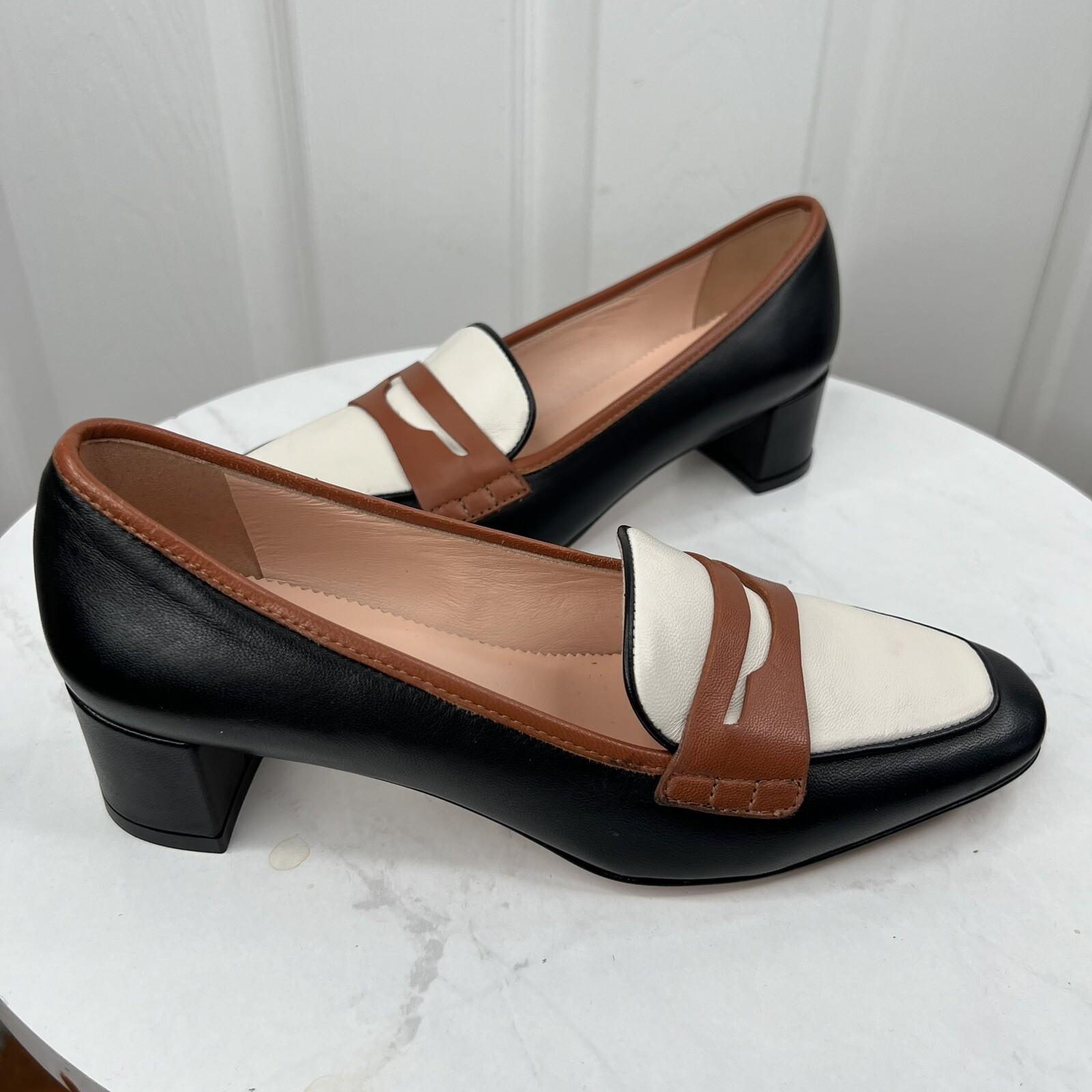J Crew Kate Women Leather Black White Tan Trim Size 6 Loafer Pumps Block Heels