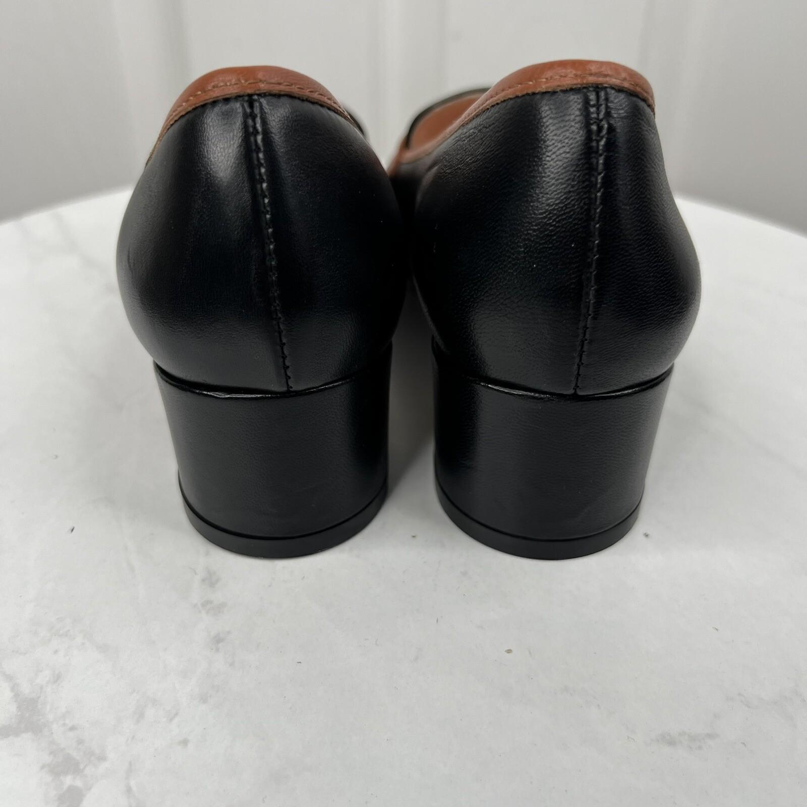 J Crew Kate Women Leather Black White Tan Trim Size 6 Loafer Pumps Block Heels