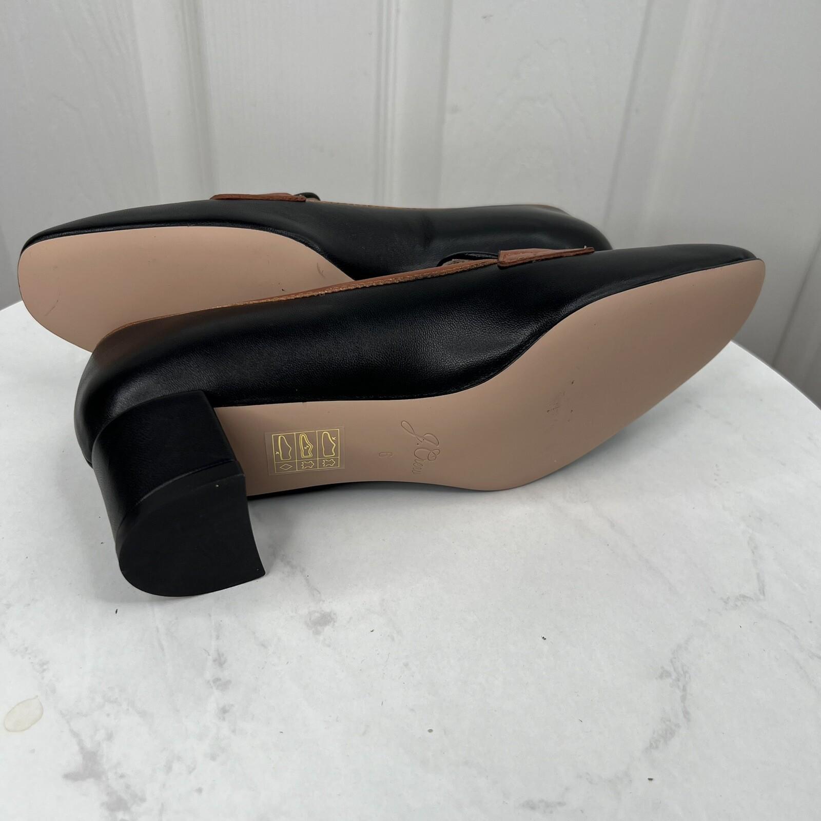 J Crew Kate Women Leather Black White Tan Trim Size 6 Loafer Pumps Block Heels