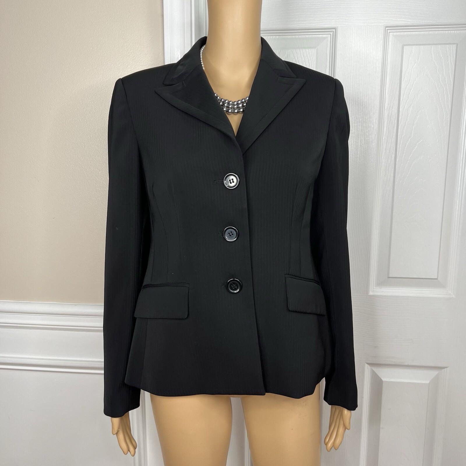 Kasper Polyester Black Striped Pant Suit Size 6 Peak Collar Lined 2PC