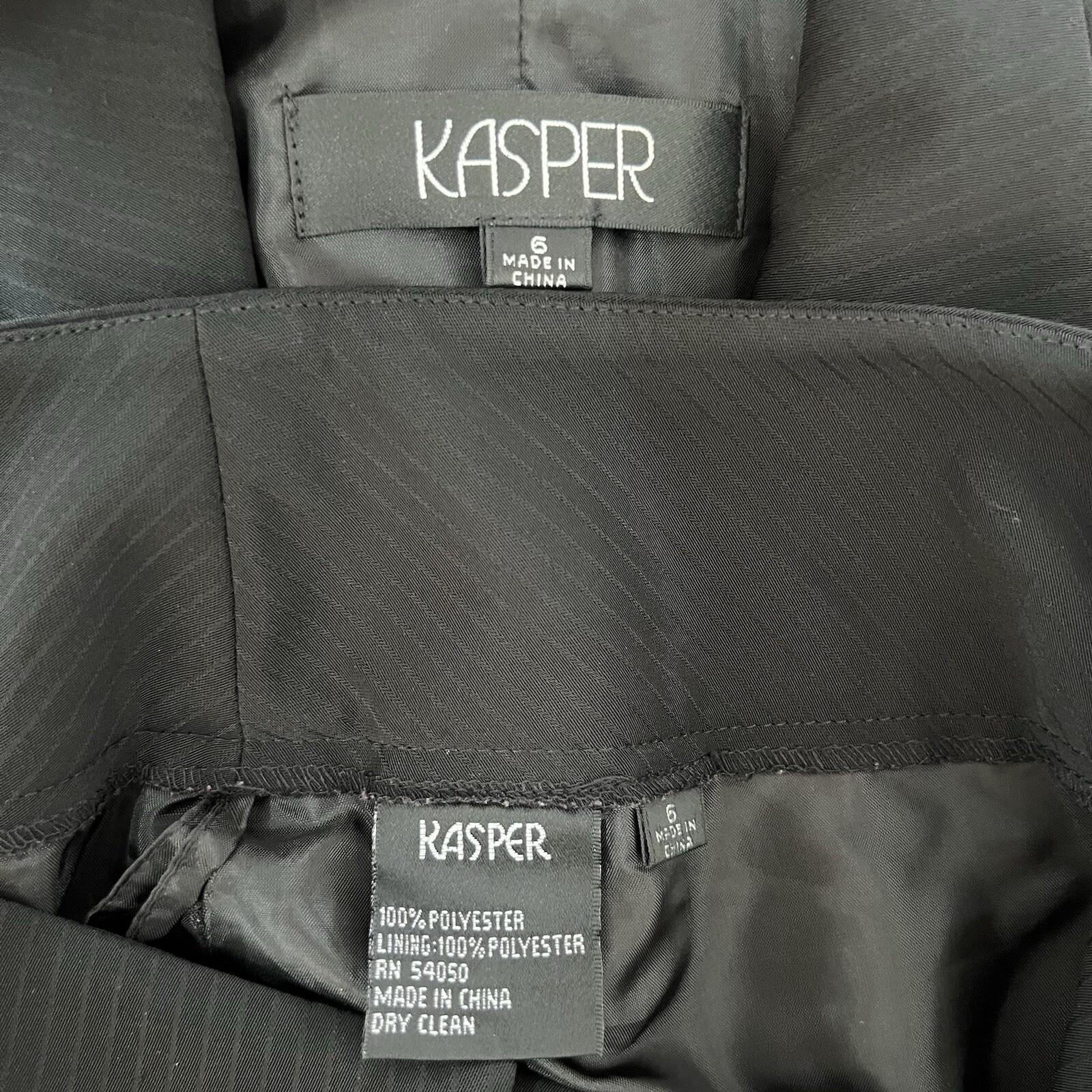 Kasper Polyester Black Striped Pant Suit Size 6 Peak Collar Lined 2PC