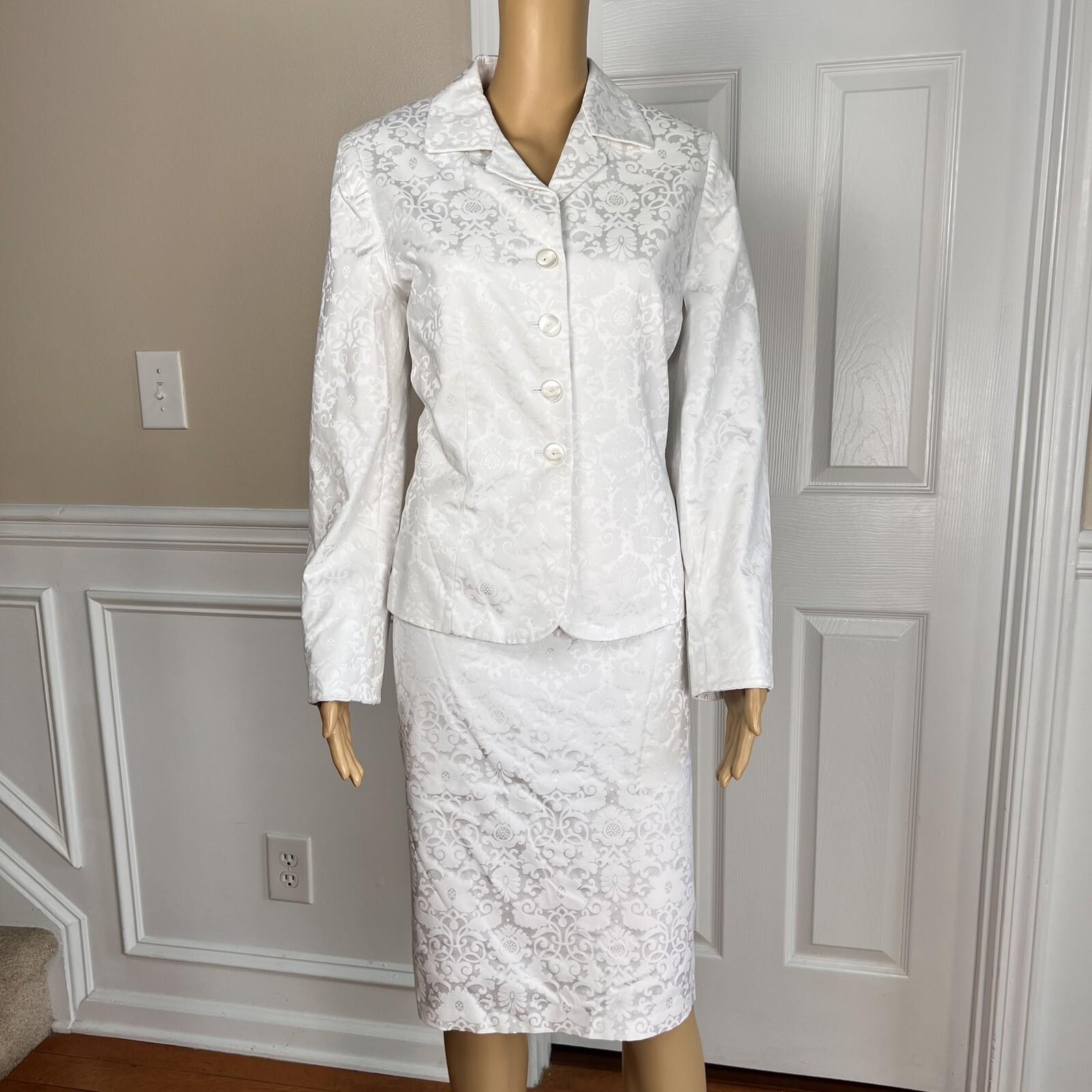 EVAN PICONE 2PC White Floral Cotton Polyester Spandex Lined Skirt Suit Size 10