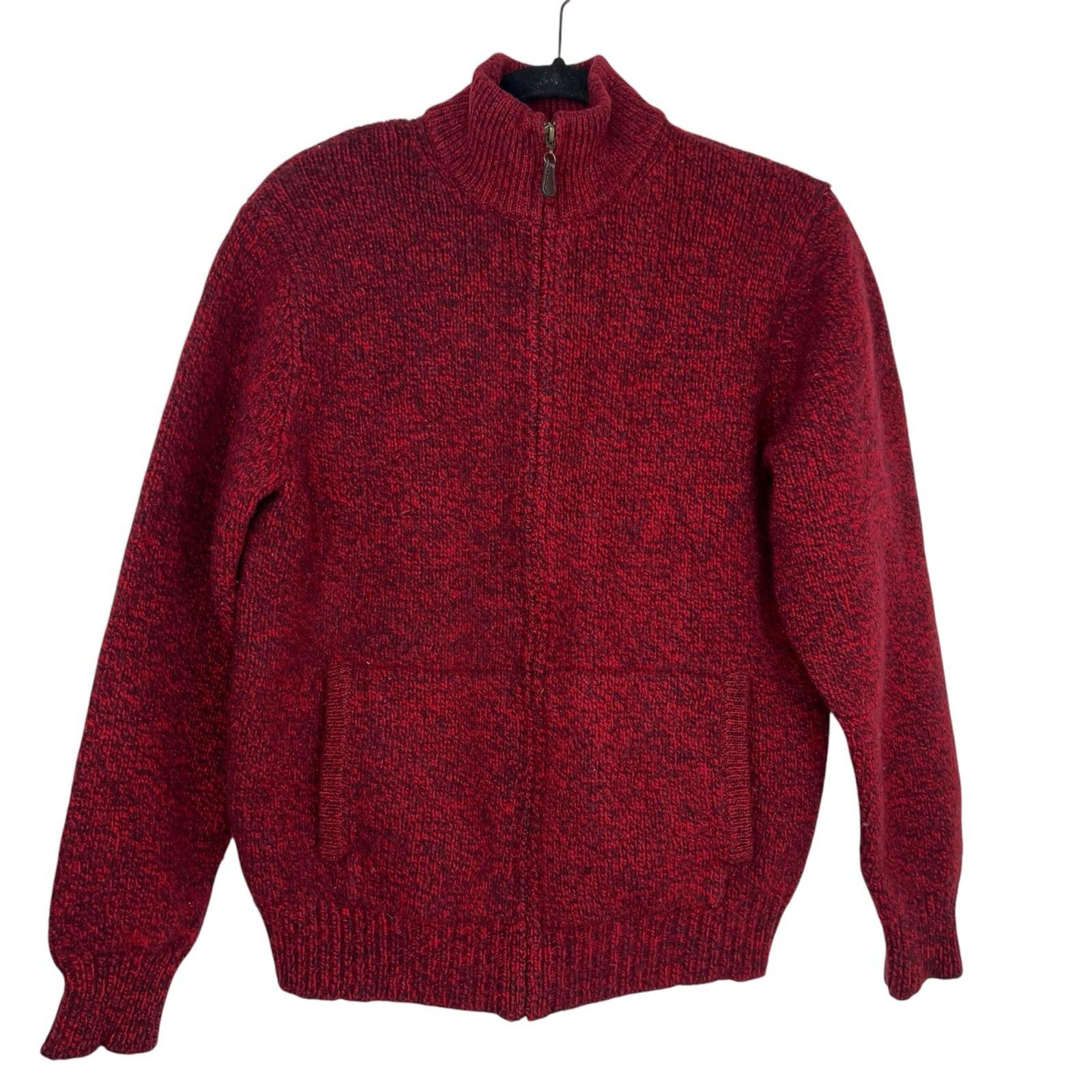 LL Bean Men Vintage Heavy Knit Zip Up Sweater M Red Lambswool Pockets High Neck