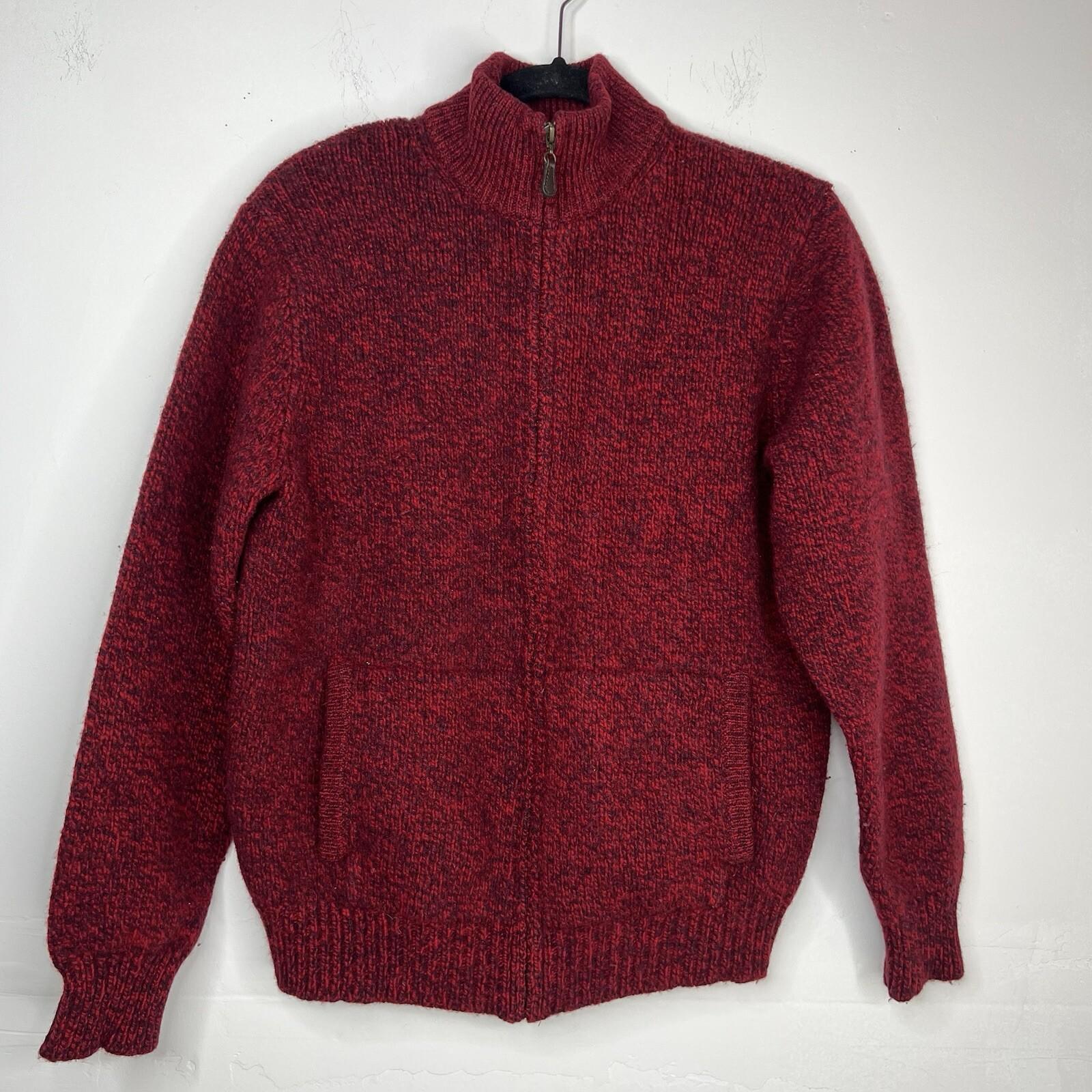 LL Bean Men Vintage Heavy Knit Zip Up Sweater M Red Lambswool Pockets High Neck
