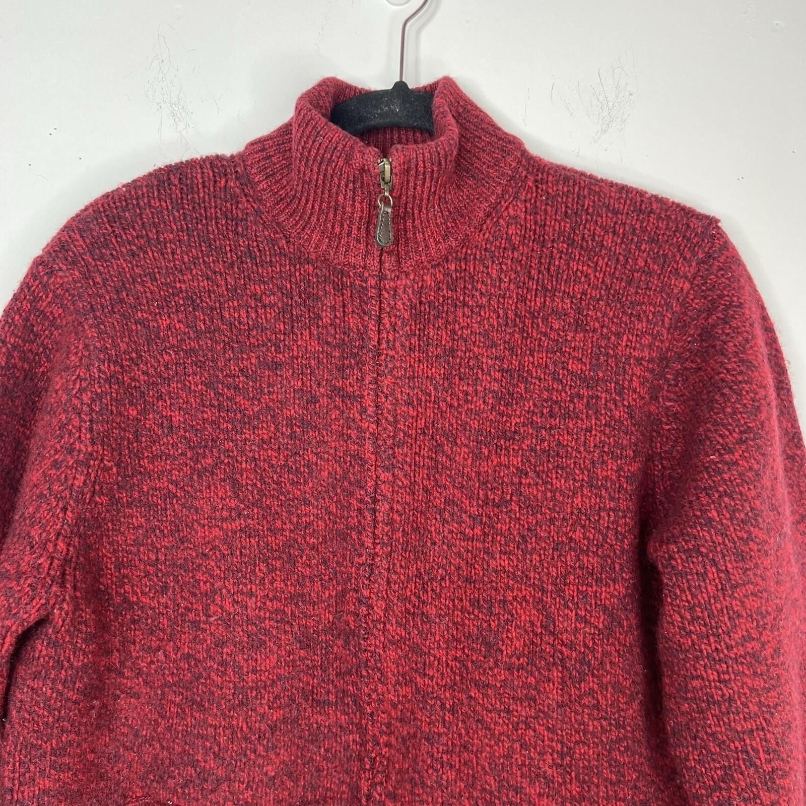 LL Bean Men Vintage Heavy Knit Zip Up Sweater M Red Lambswool Pockets High Neck