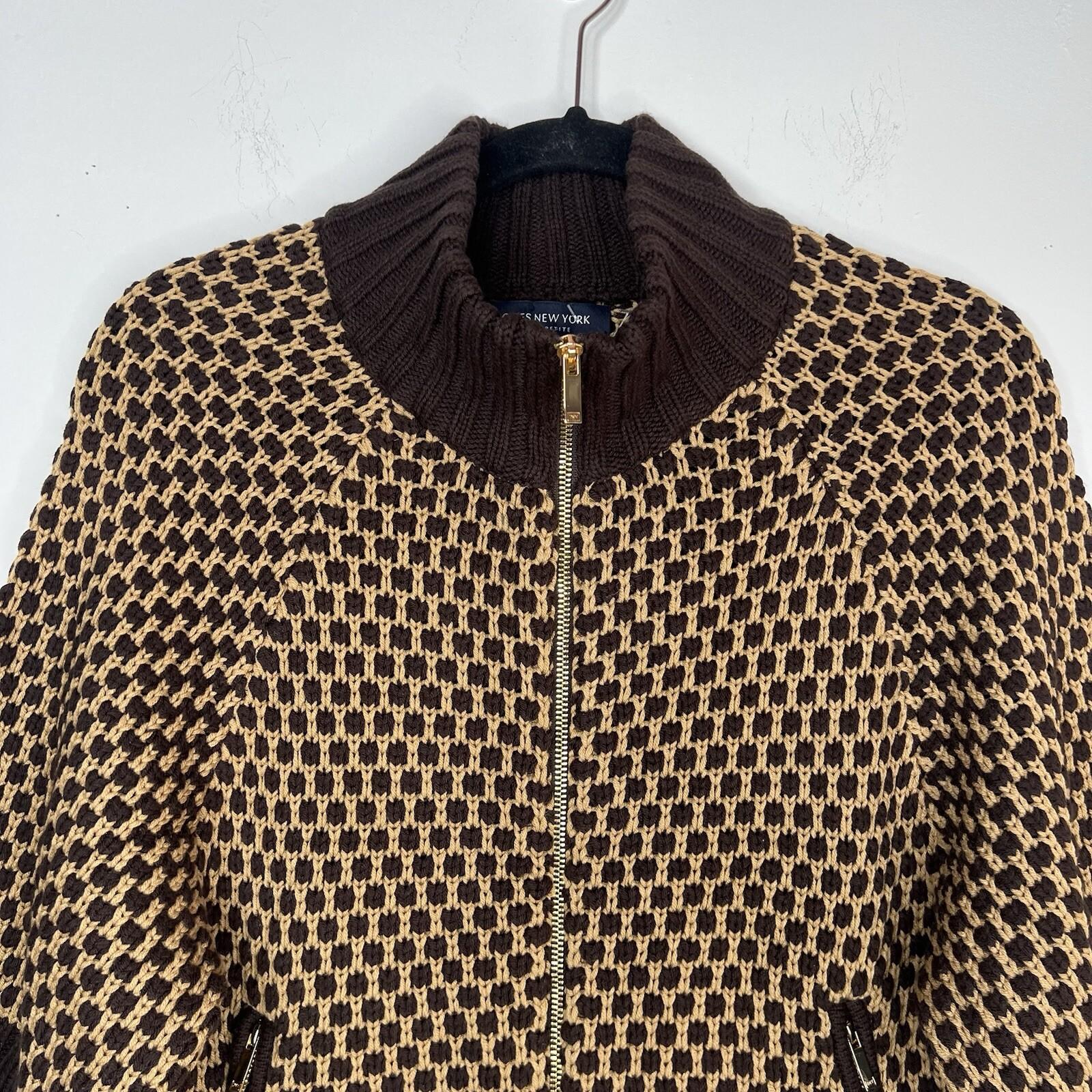 Jones NY Signature Sweater Size PP Brown Camel Cable Knit Raglan Sleeves Zipper