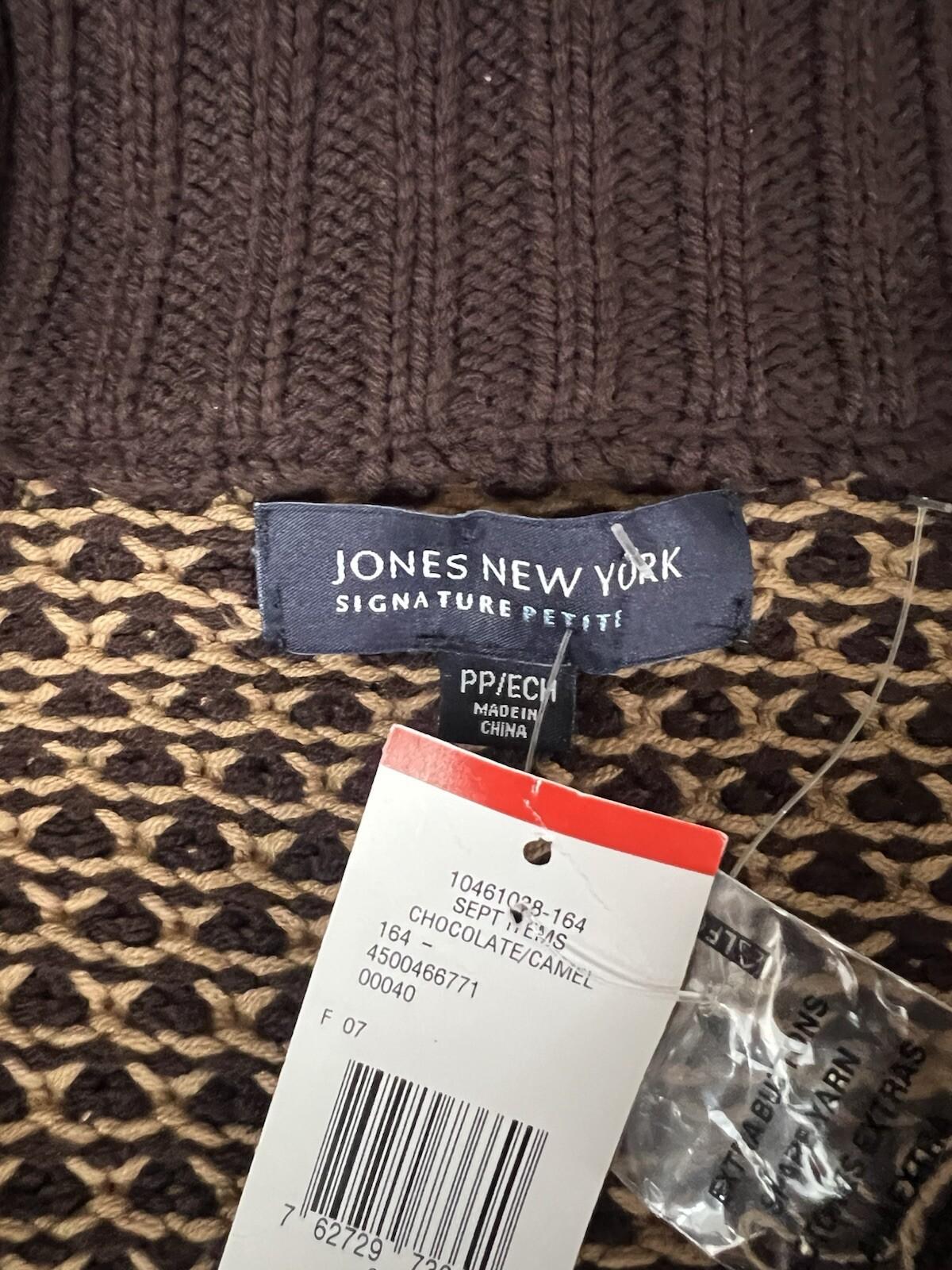 Jones NY Signature Sweater Size PP Brown Camel Cable Knit Raglan Sleeves Zipper