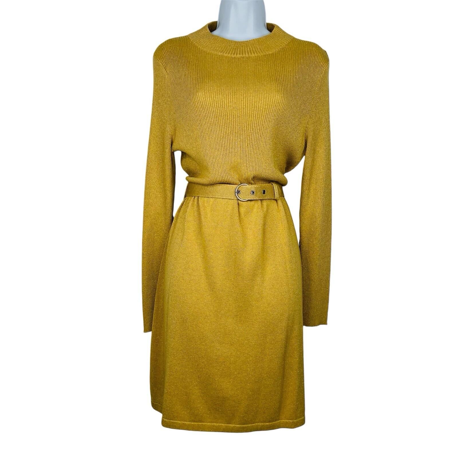 Free People French Girl Metallic Belted Sweater Dress Size L Gold Mini Knit Y2k