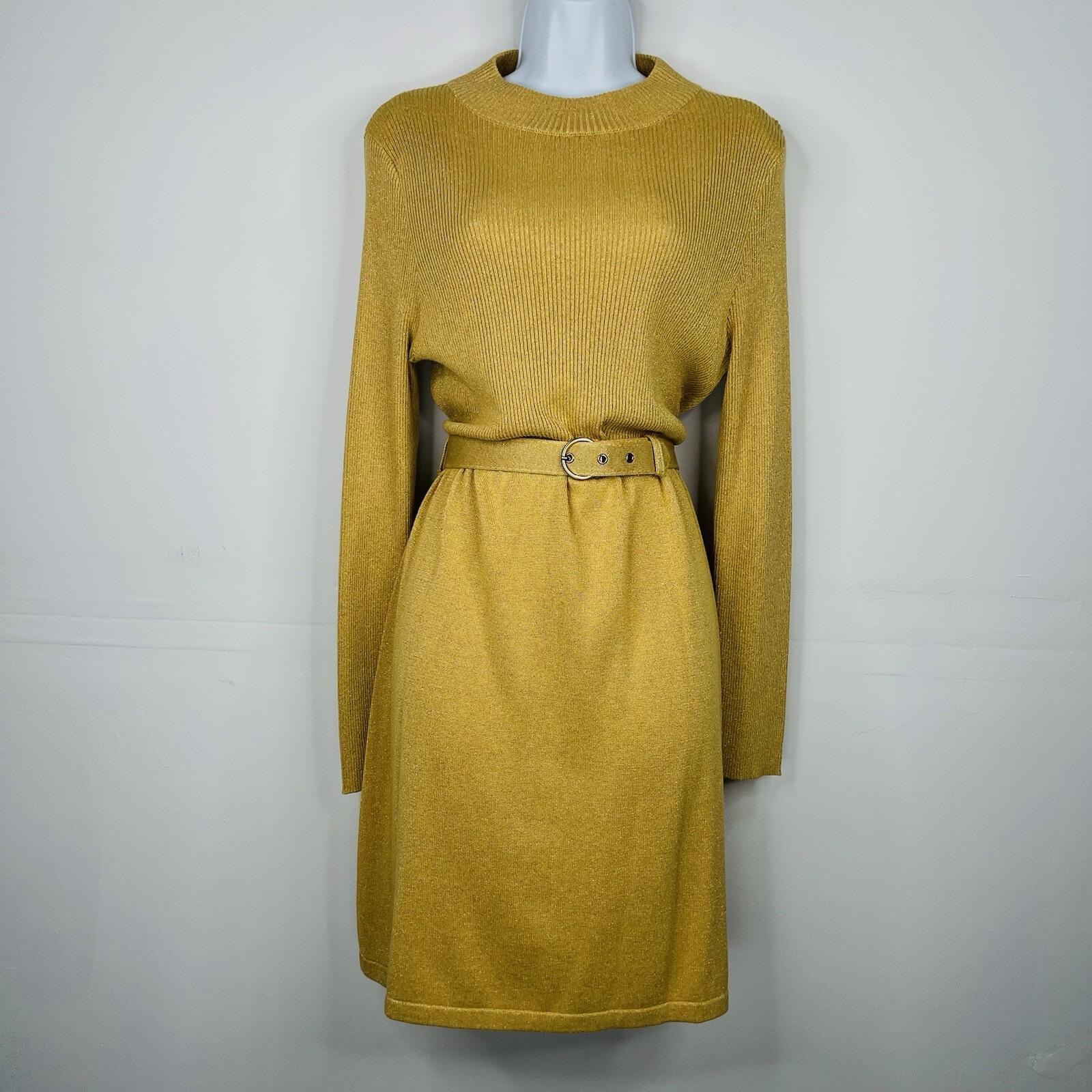 Free People French Girl Metallic Belted Sweater Dress Size L Gold Mini Knit Y2k
