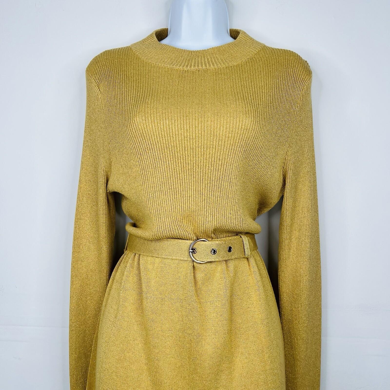 Free People French Girl Metallic Belted Sweater Dress Size L Gold Mini Knit Y2k