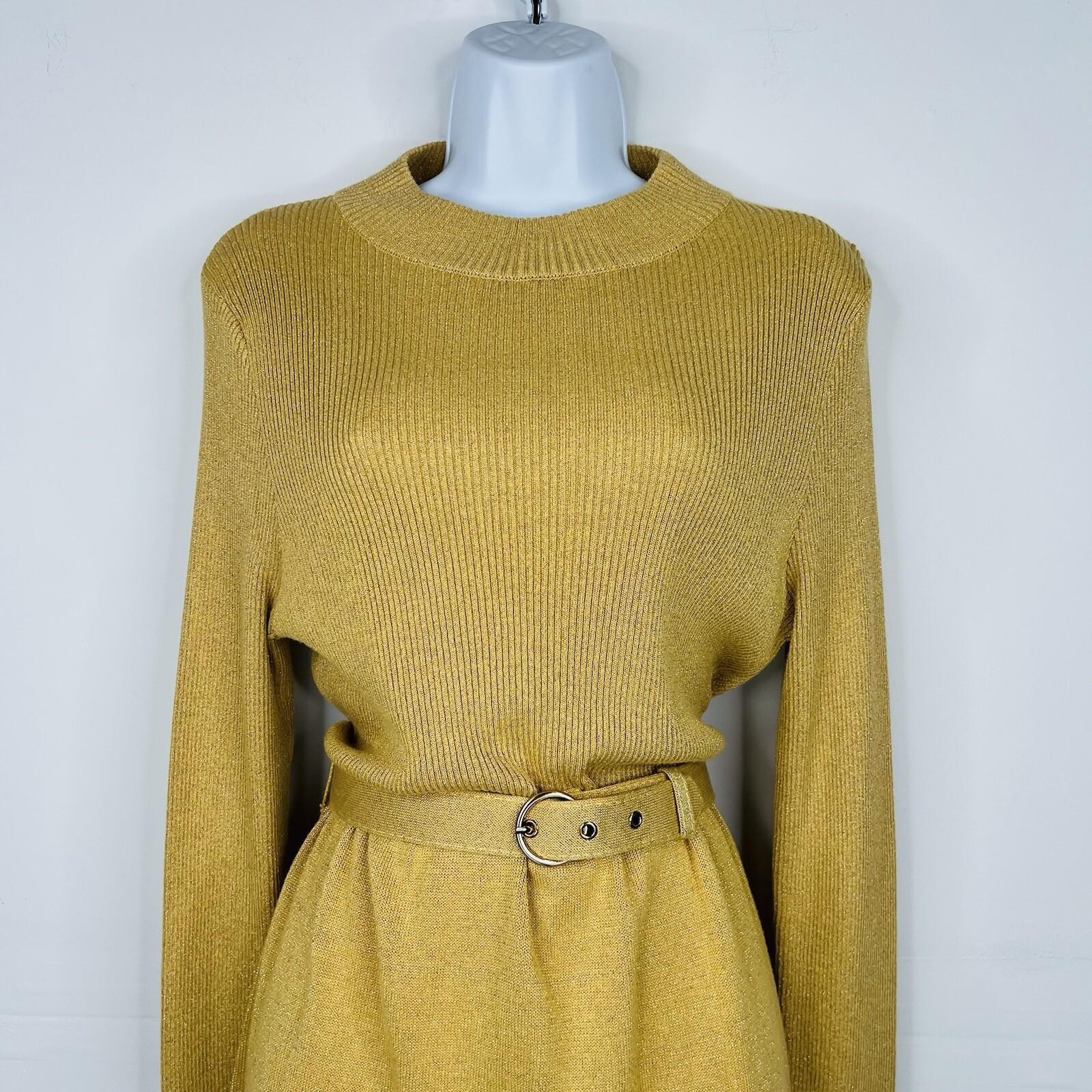 Free People French Girl Metallic Belted Sweater Dress Size L Gold Mini Knit Y2k