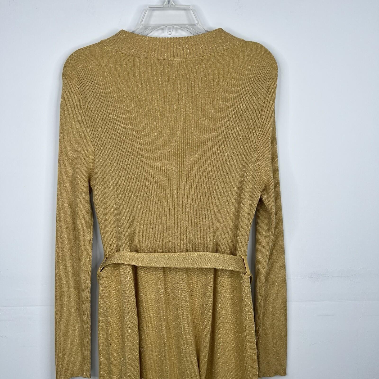 Free People French Girl Metallic Belted Sweater Dress Size L Gold Mini Knit Y2k