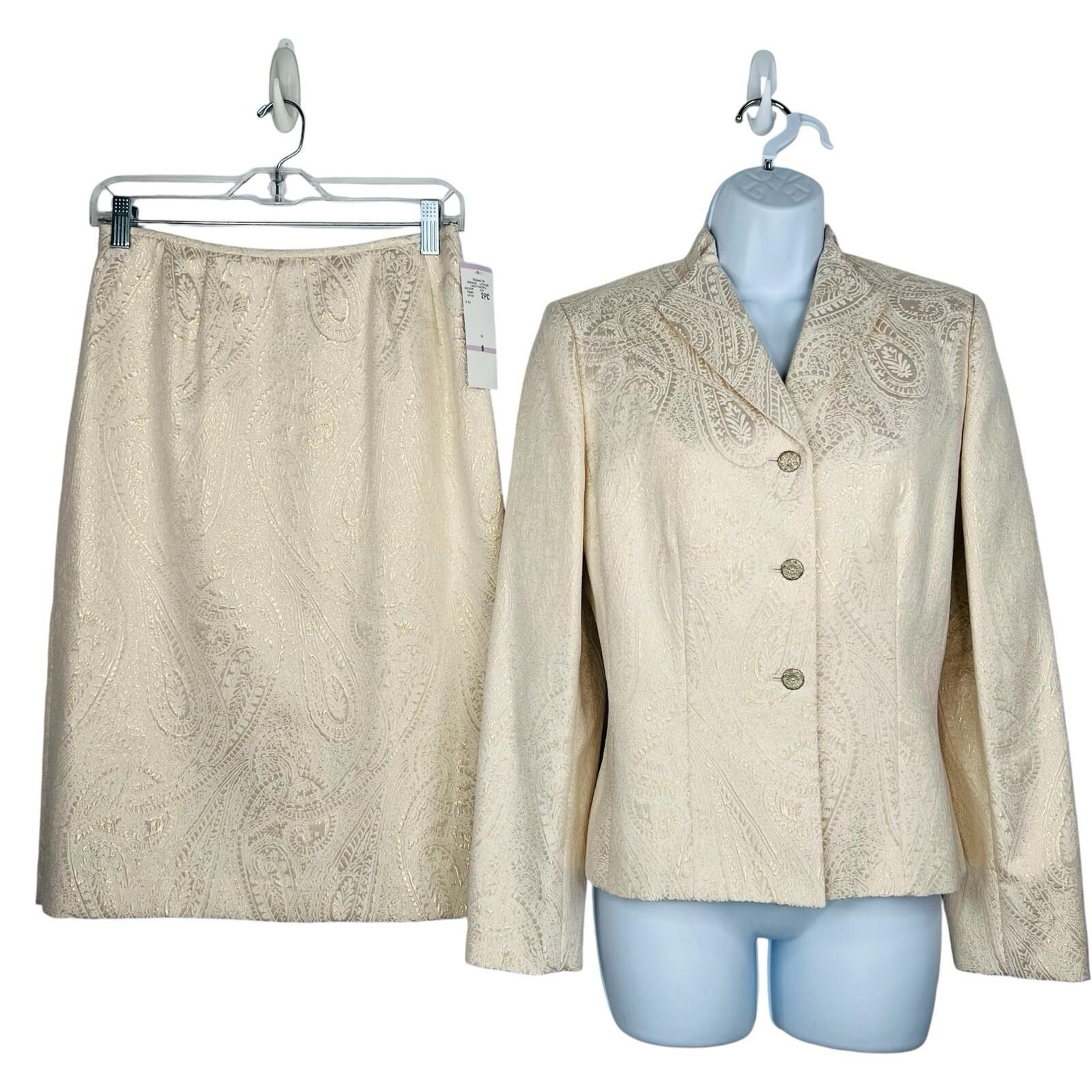 LE SUIT Cotton Metallic Blend Skirt Suit Size 6 Ivory Gold Stand Up Collar New