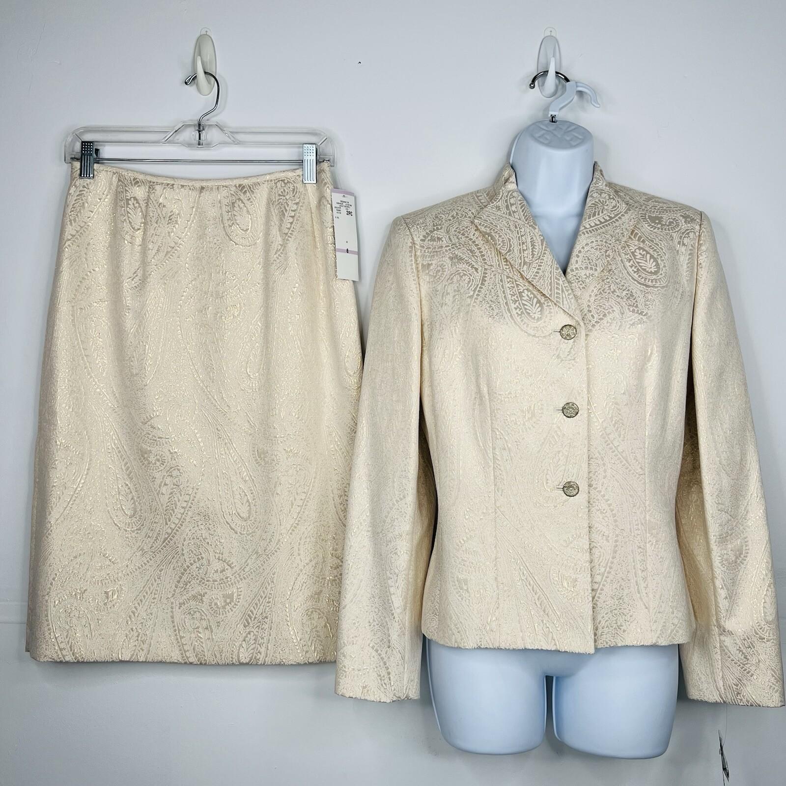 LE SUIT Cotton Metallic Blend Skirt Suit Size 6 Ivory Gold Stand Up Collar New