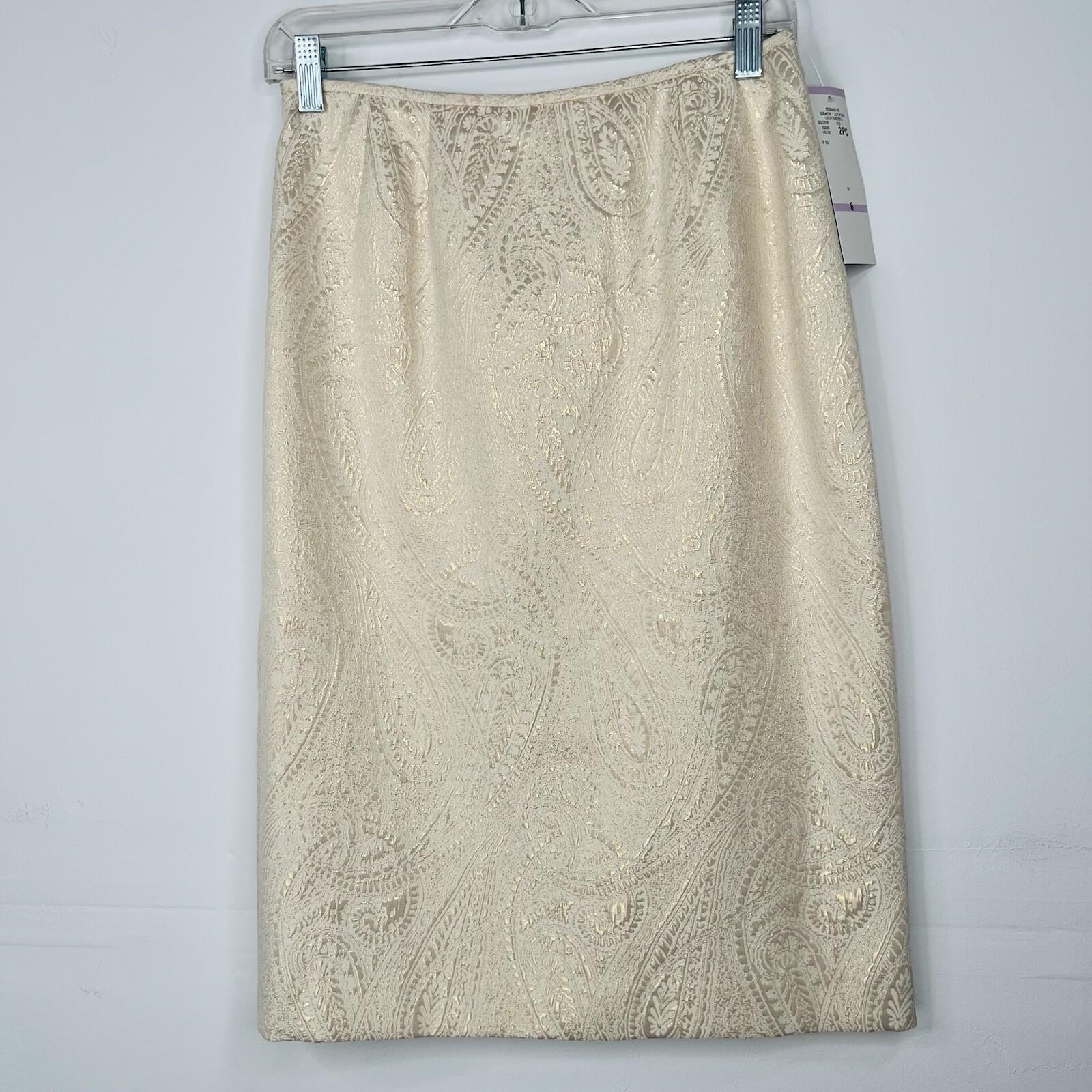 LE SUIT Cotton Metallic Blend Skirt Suit Size 6 Ivory Gold Stand Up Collar New