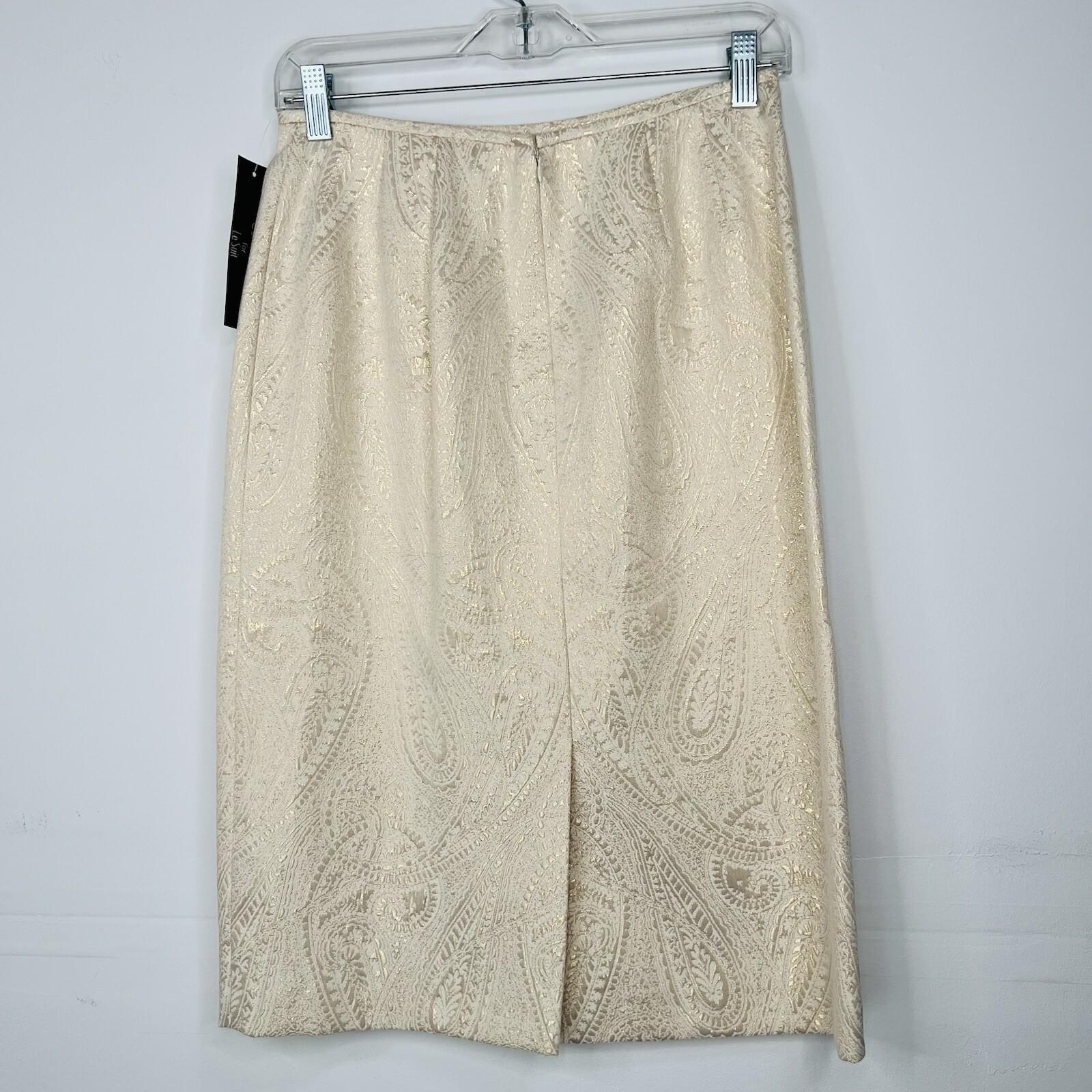 LE SUIT Cotton Metallic Blend Skirt Suit Size 6 Ivory Gold Stand Up Collar New