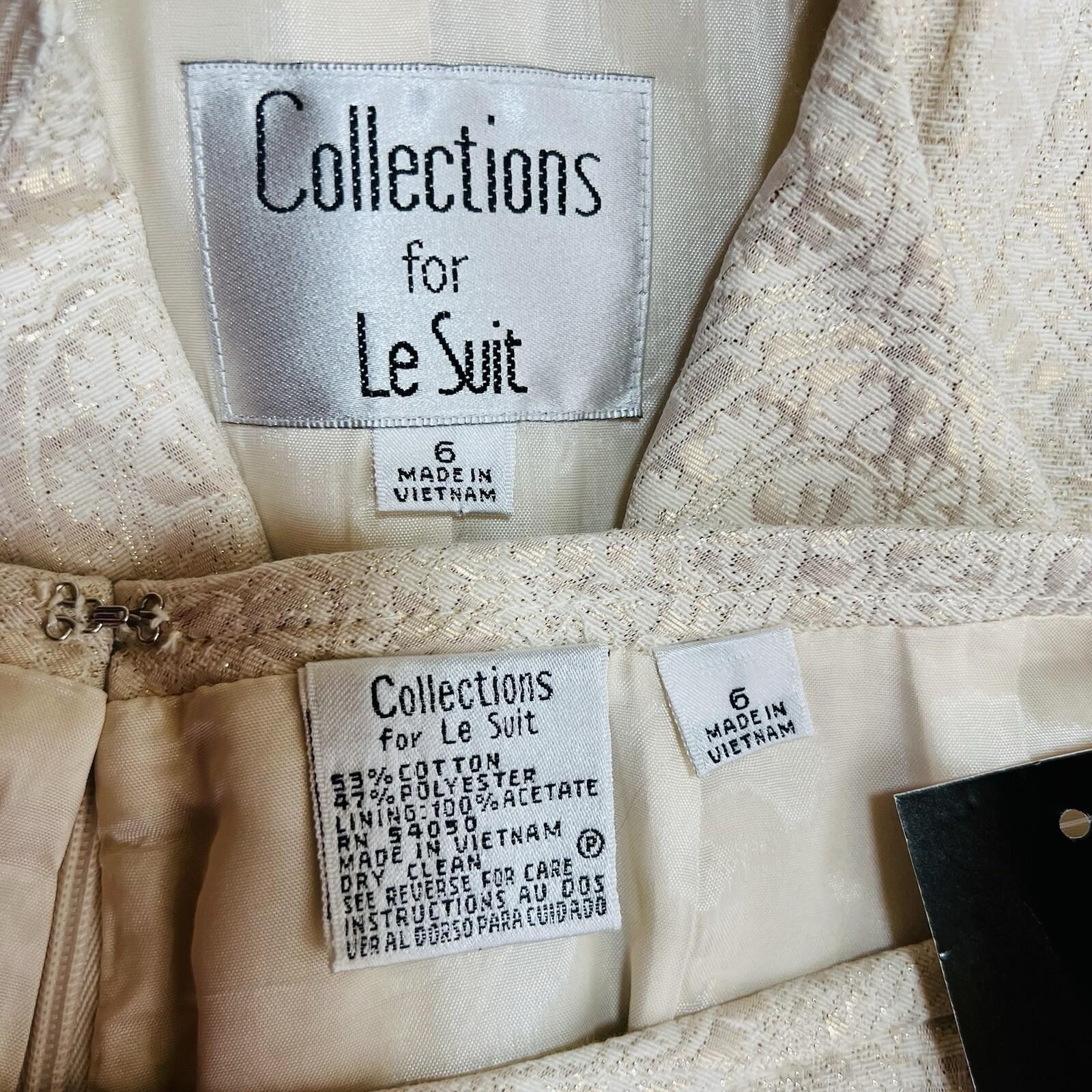 LE SUIT Cotton Metallic Blend Skirt Suit Size 6 Ivory Gold Stand Up Collar New