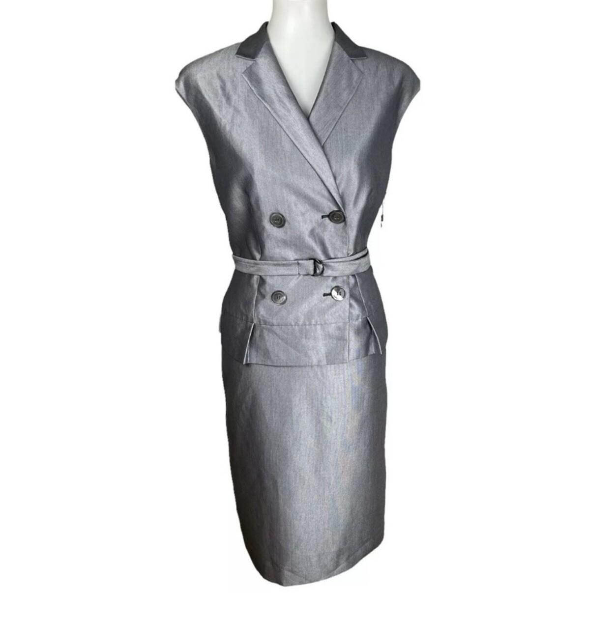 Calvin Klein Polyester Blend Skirt Suit 10 Silver Double Breasted Belted 2PC New