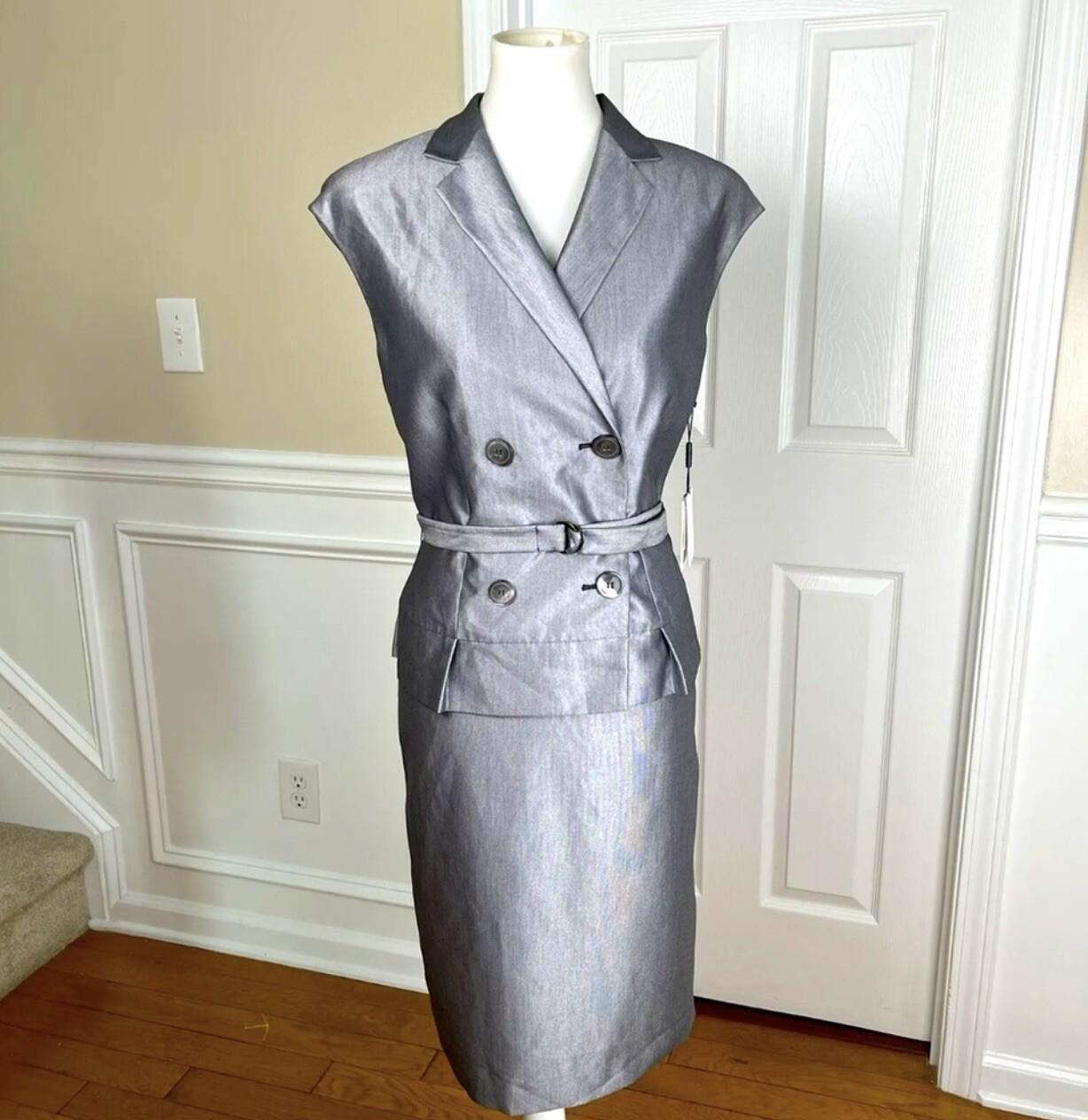 Calvin Klein Polyester Blend Skirt Suit 10 Silver Double Breasted Belted 2PC New