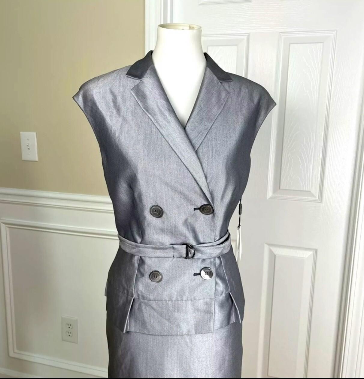 Calvin Klein Polyester Blend Skirt Suit 10 Silver Double Breasted Belted 2PC New