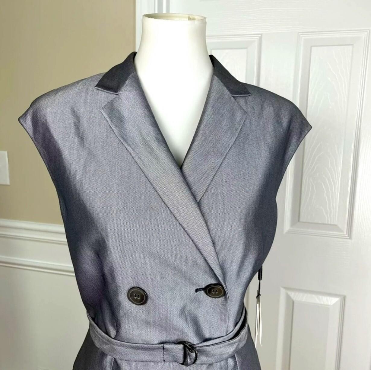 Calvin Klein Polyester Blend Skirt Suit 10 Silver Double Breasted Belted 2PC New